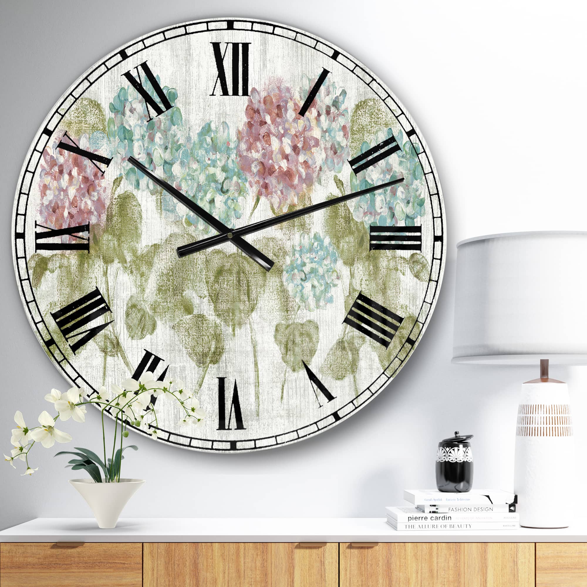 Designart 'Red And Blue Vibrant Hydrangea Flowers Farmhouse Wall Clock
