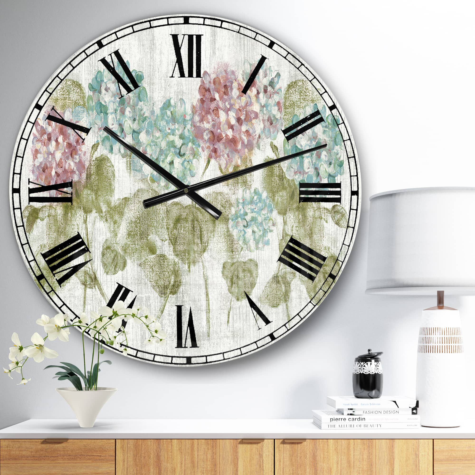 Designart &#x27;Red And Blue Vibrant Hydrangea Flowers Farmhouse Wall Clock