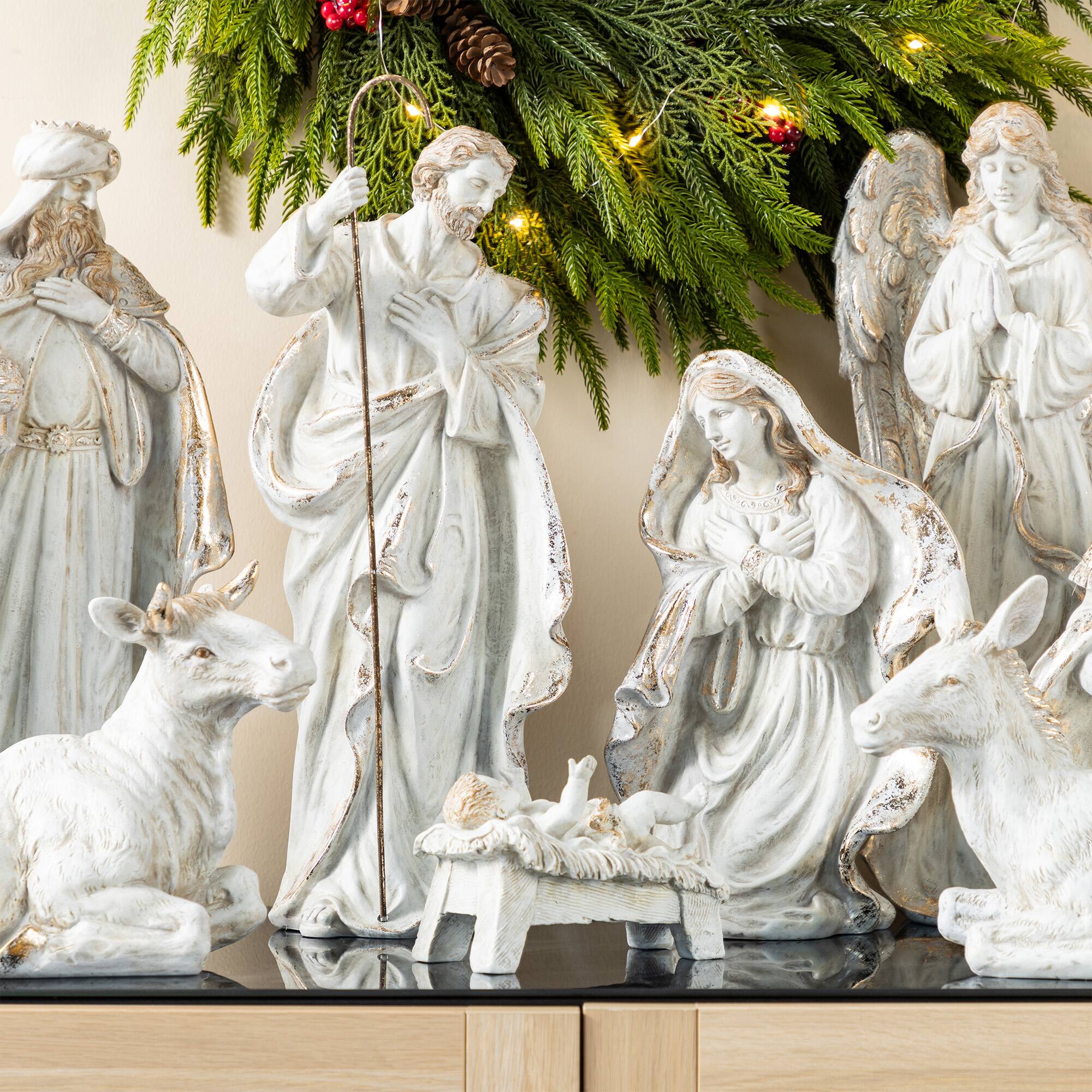 Glitzhome&#xAE; 10-Piece Ivory &#x26; Gold Resin Nativity Figurine Set