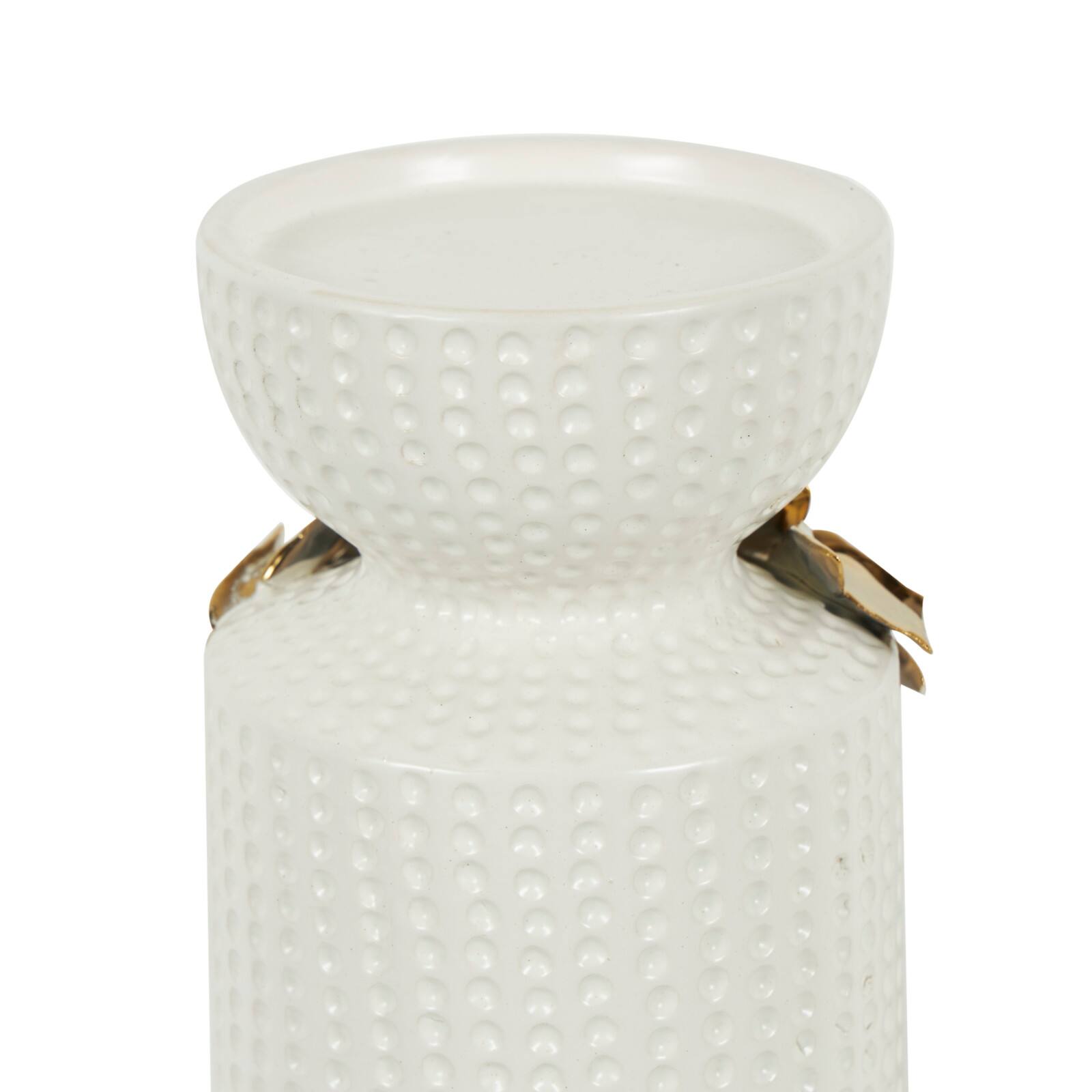 White Abstract Spotted Ceramic Pillar Candle Holder Set with Gold Leaf Accents