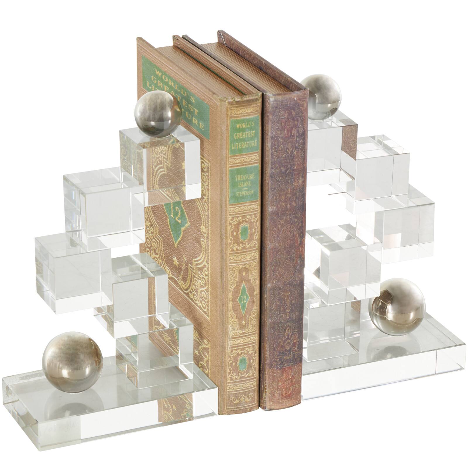 8.25" Clear Glass Stacked Squares Bookends with Silver Orbs, 2ct.
