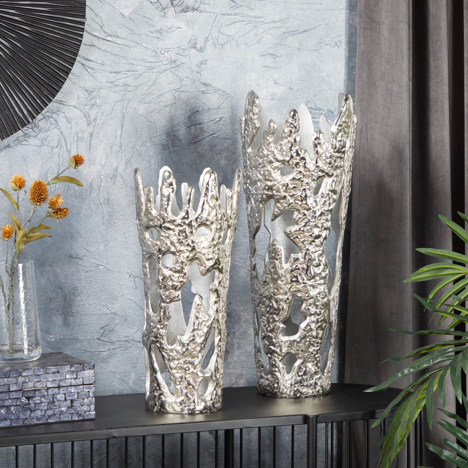 Set of 2&#x22; Silver Aluminum Contemporary Vases, 20&#x22; x 7&#x22; x 6&#x22;