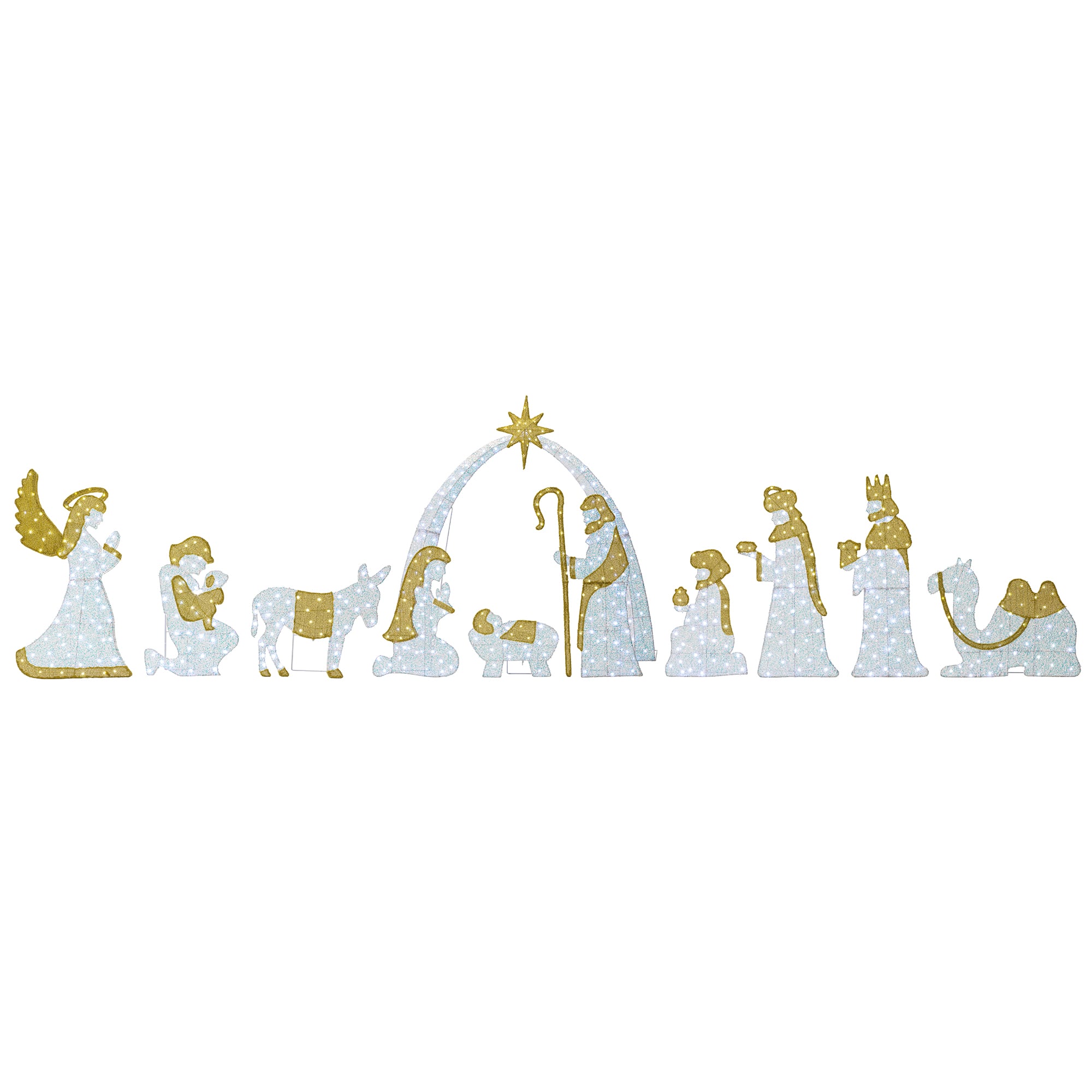 Glitzhome&#xAE; 55&#x22;H Lighted Christmas 2D Iridescent Fabric Nativity Scene Outdoor Decor Set