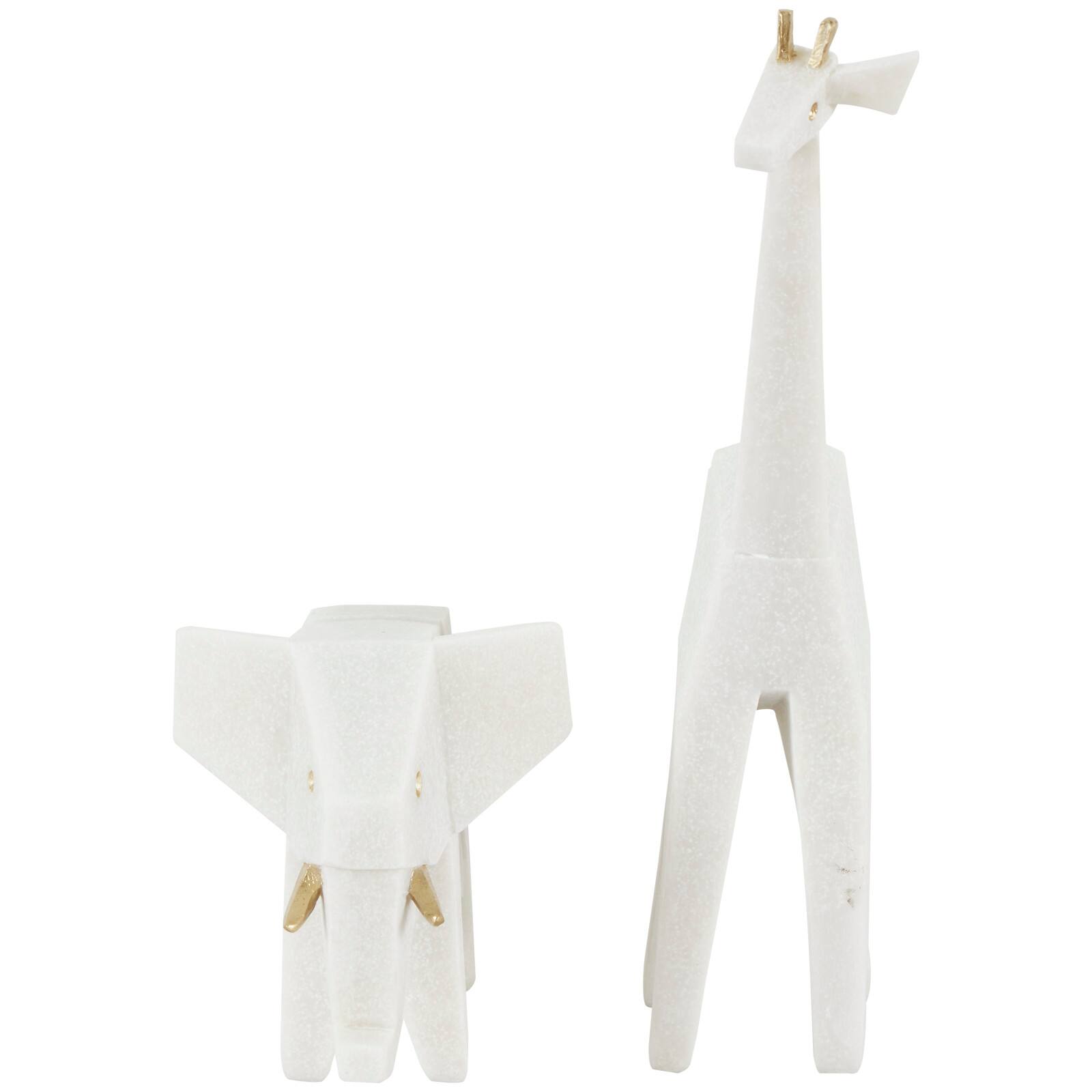 White Polystone Elephant &#x26; Giraffe Cubist Inspired Sculpture Set