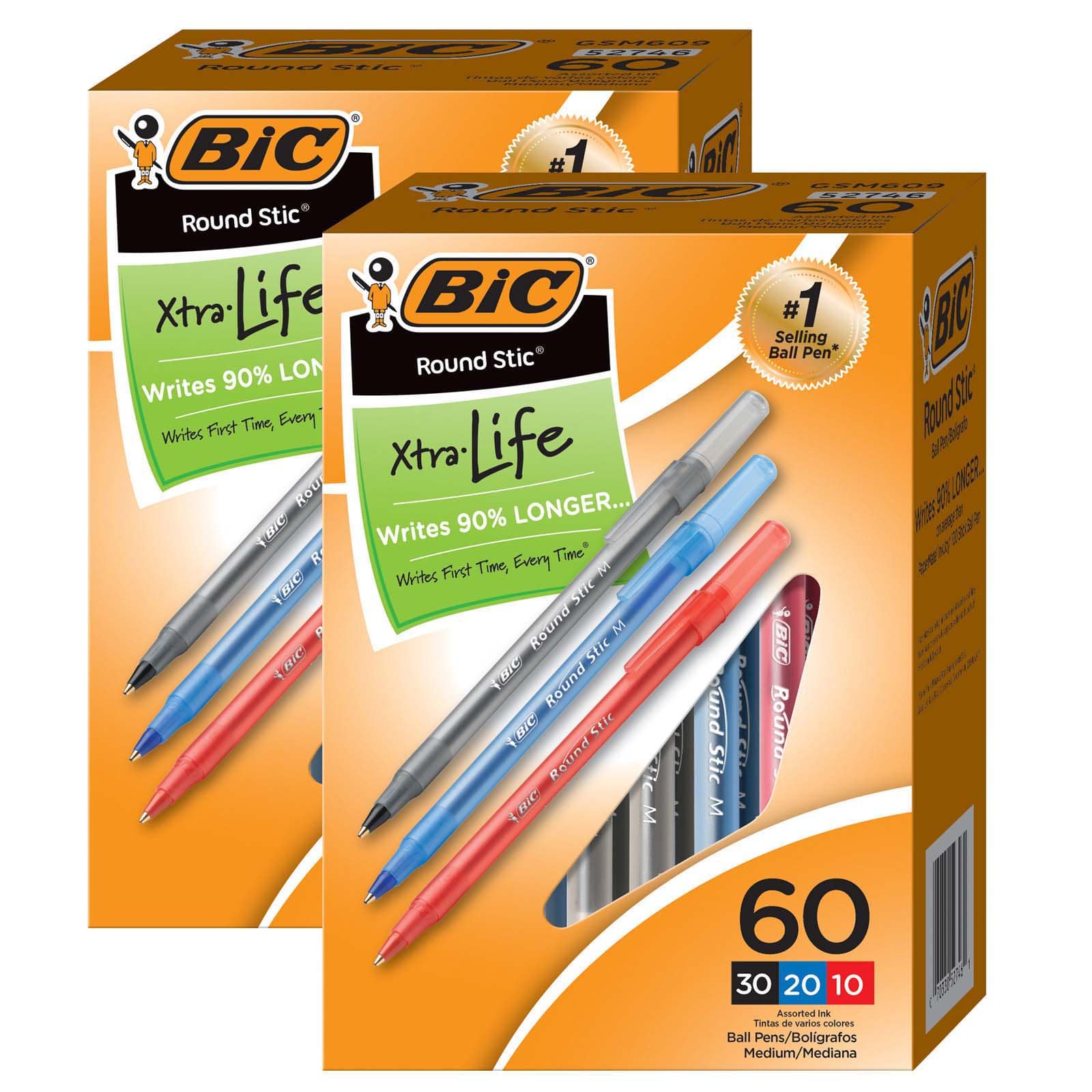BIC® Round Stic Xtra Life Ballpoint Pen, 2 Box of 60