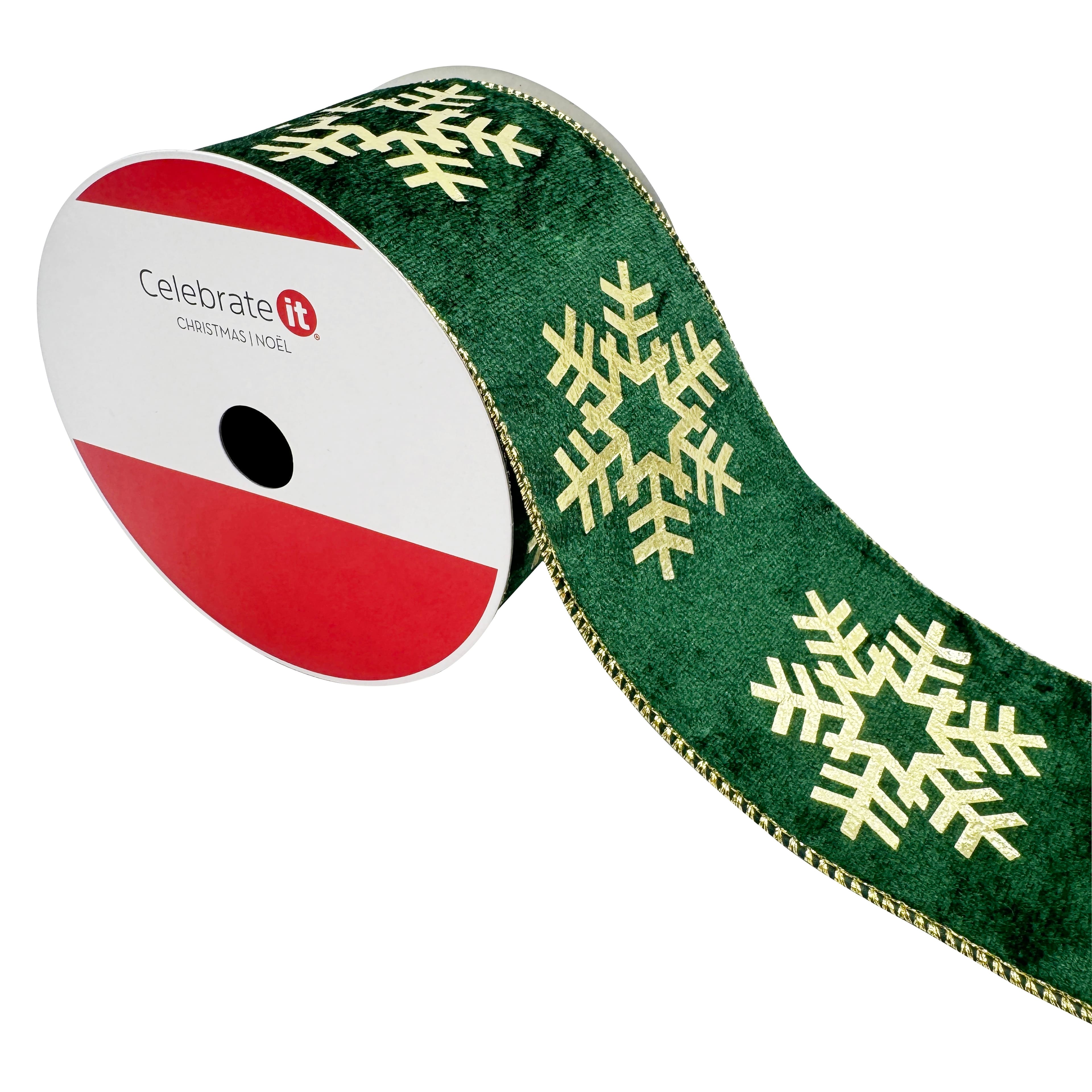 3.5" x 20ft. Green & Gold Snowflakes Wired Velvet Ribbon by Celebrate It®