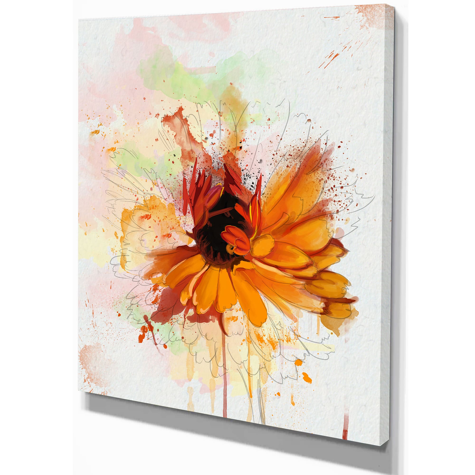 Designart - Sunflower Drawing with Paint Splashes - Floral Canvas Art Print