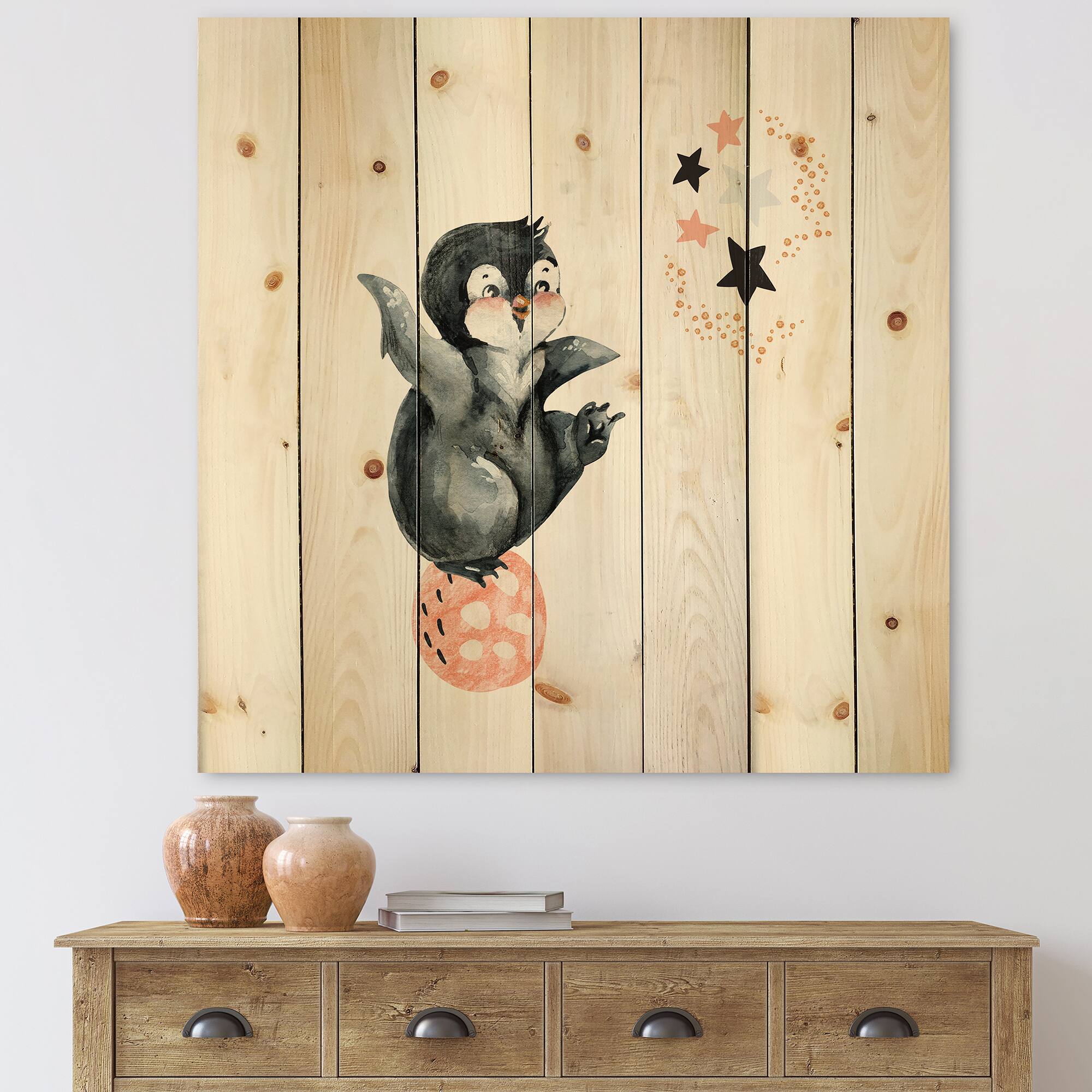 Designart - Little Penguin With Stars and Planets II - Farmhouse Print on Natural Pine Wood