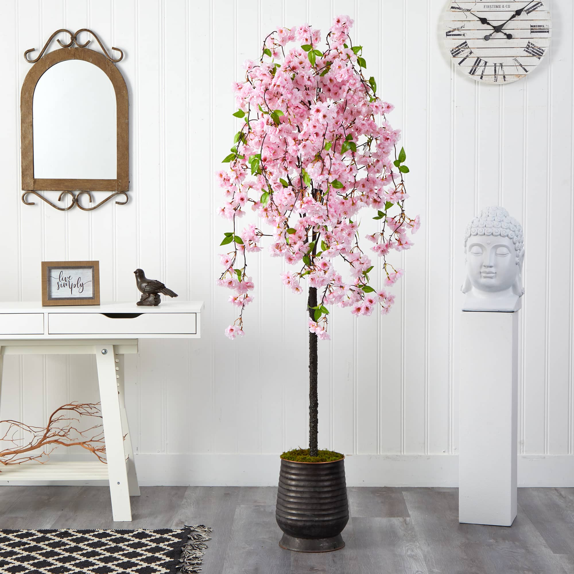 6ft. Cherry Blossom Artificial Tree in Ribbed Metal Planter