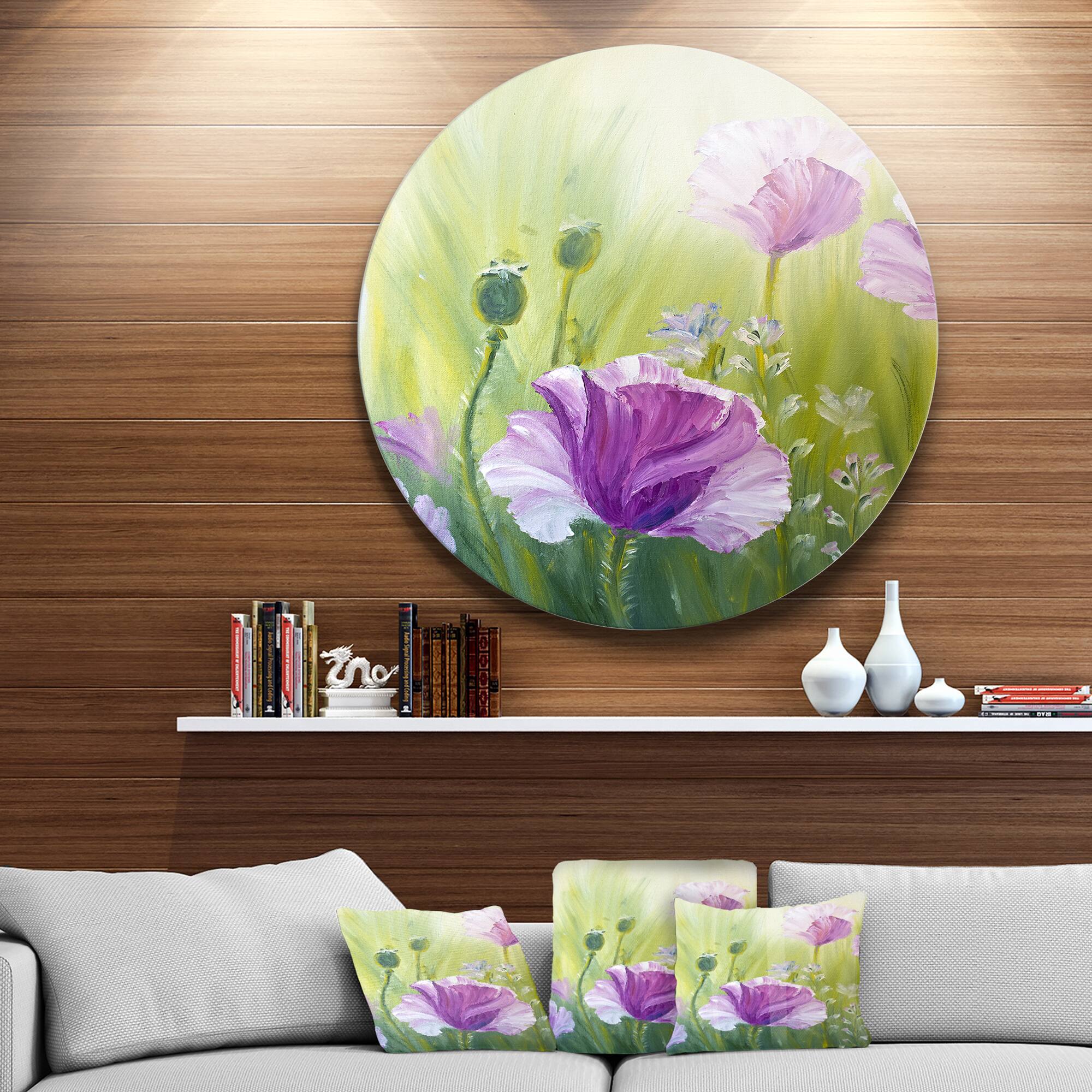 Designart - Purple Poppies in Morning&#x27; Floral Circle Metal Wall Art