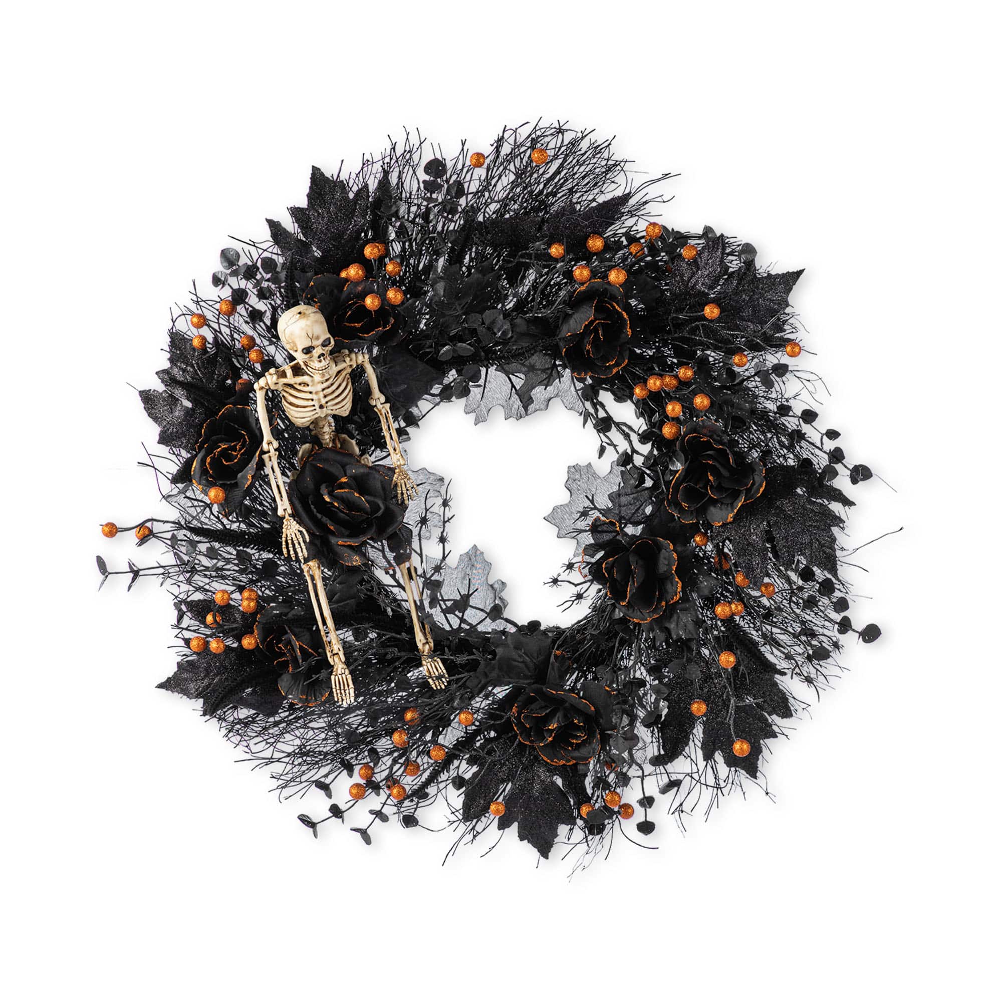 Glitzhome® 24"D Halloween Black Rose, Skeleton and Berry Wreath with Hanger
