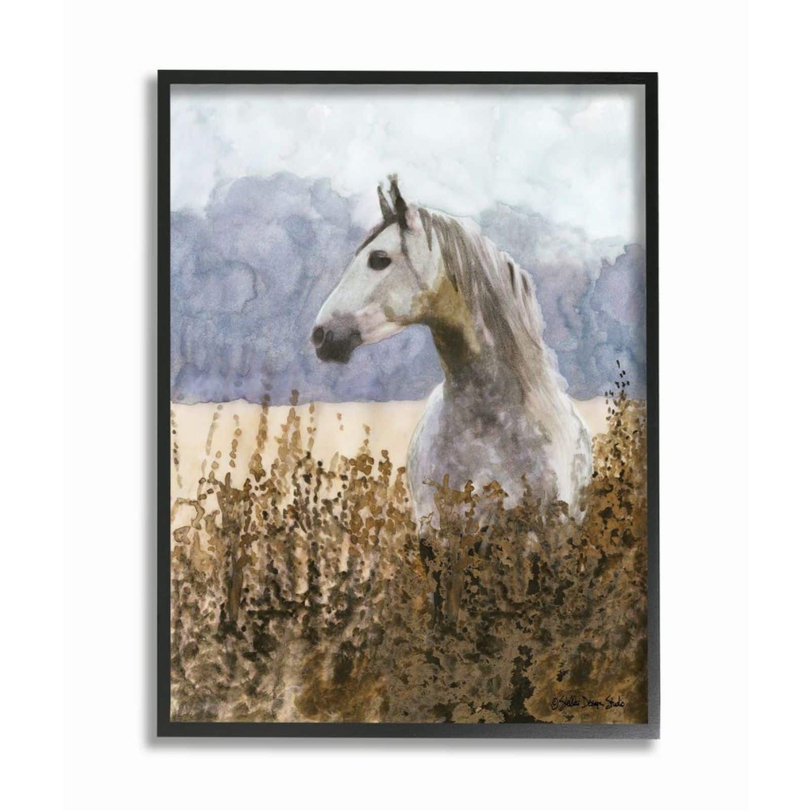 Stupell Industries Wild Horse in Tall Grass Wall Art in Black Frame