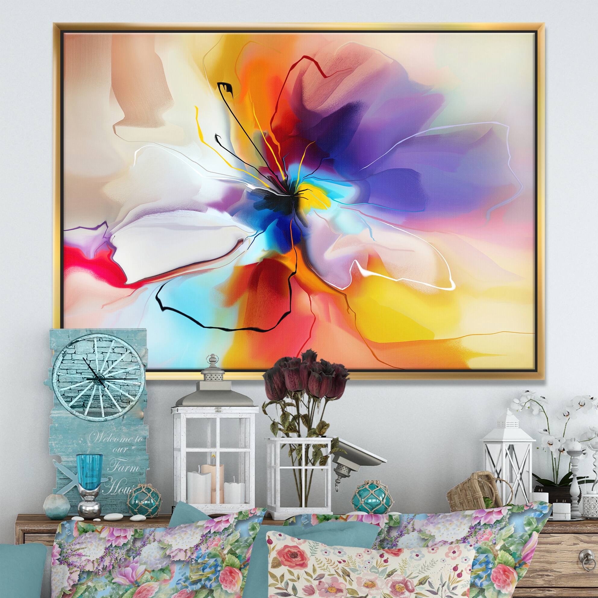 Designart - Creative Flower in Multiple Colors - Large Floral Framed Canvas art