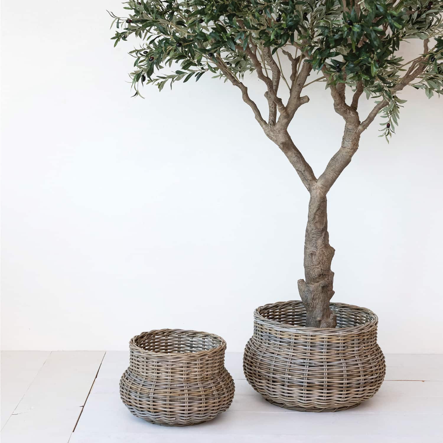 Hello Honey® Gray Round Handwoven Rattan Planter Set