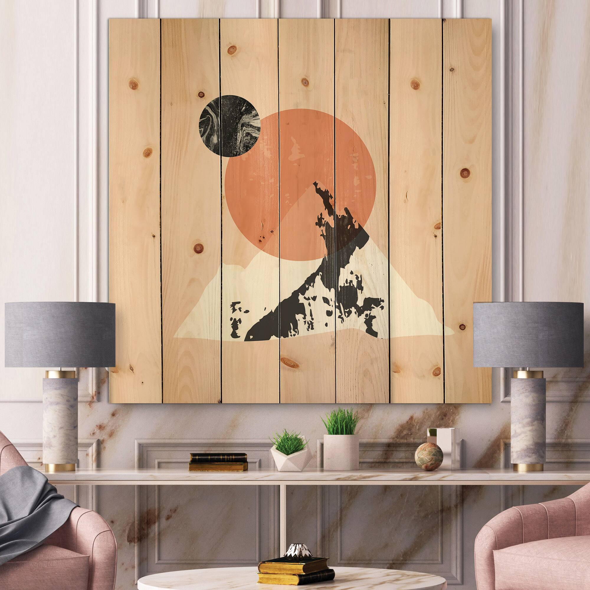 Designart - Modern Minimalist Mountain Sun and Moon - Modern Print on Natural Pine Wood