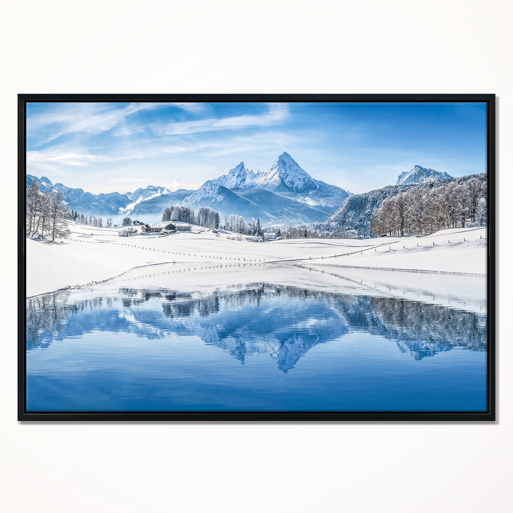 Designart - Icy Winter Mountain Alps - Landscape Photography Canvas Print in Black Frame
