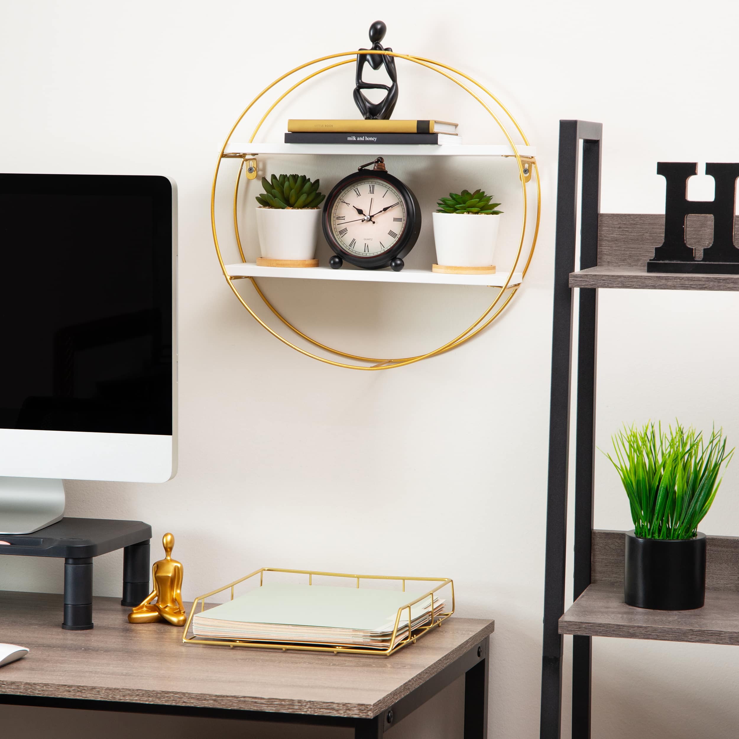 Mind Reader Floating Round Wall Shelves, Gold Metal Frame with Dual White Display Shelves, White