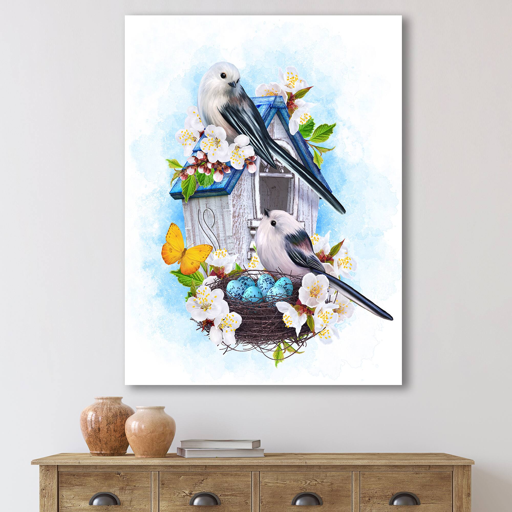 Designart - Two Tit Birds Sitting Near The Nest With Eggs II - Traditional Canvas Wall Art Print