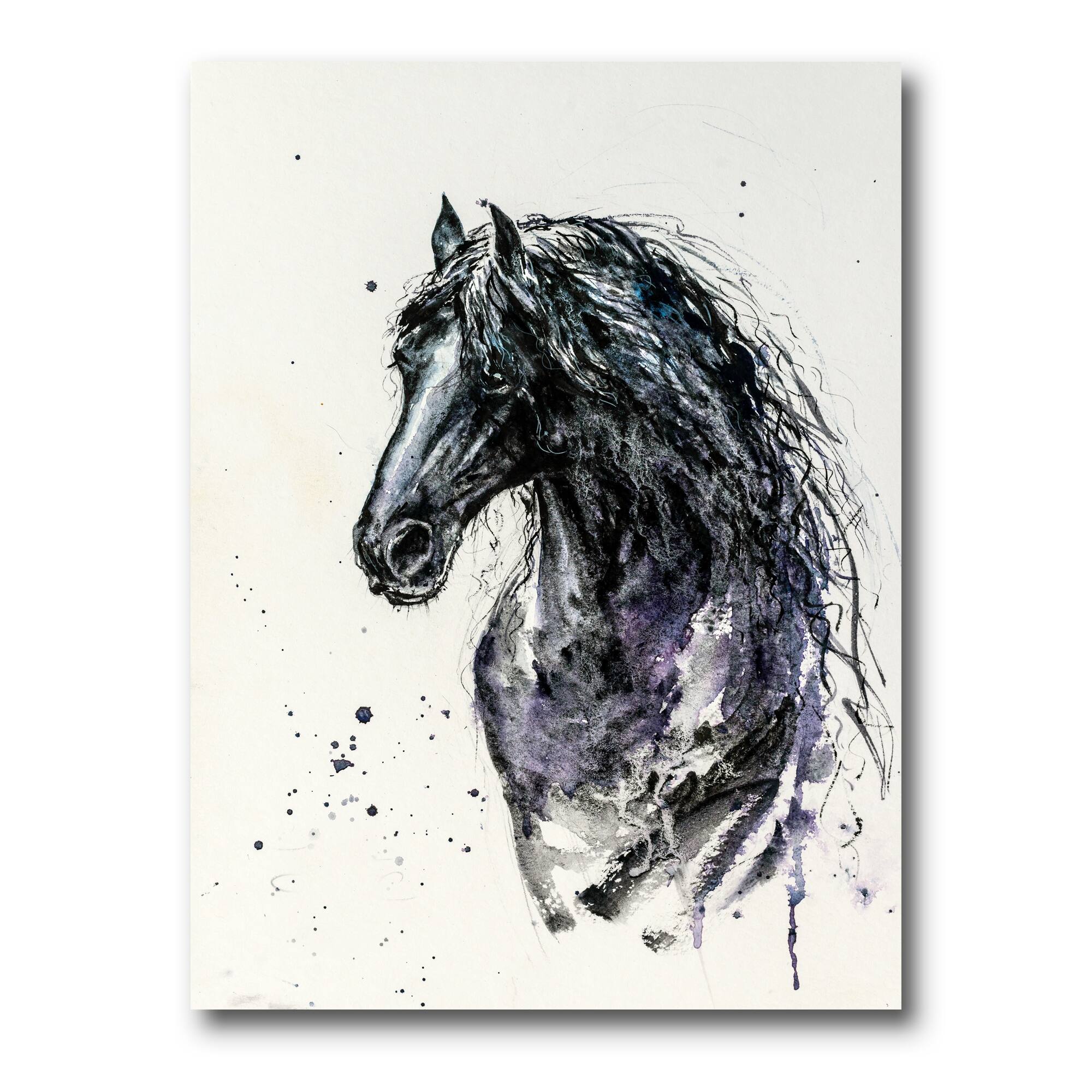 Designart - Portrait of Friesian Horse With Long Manes - Farmhouse Canvas Wall Art Print