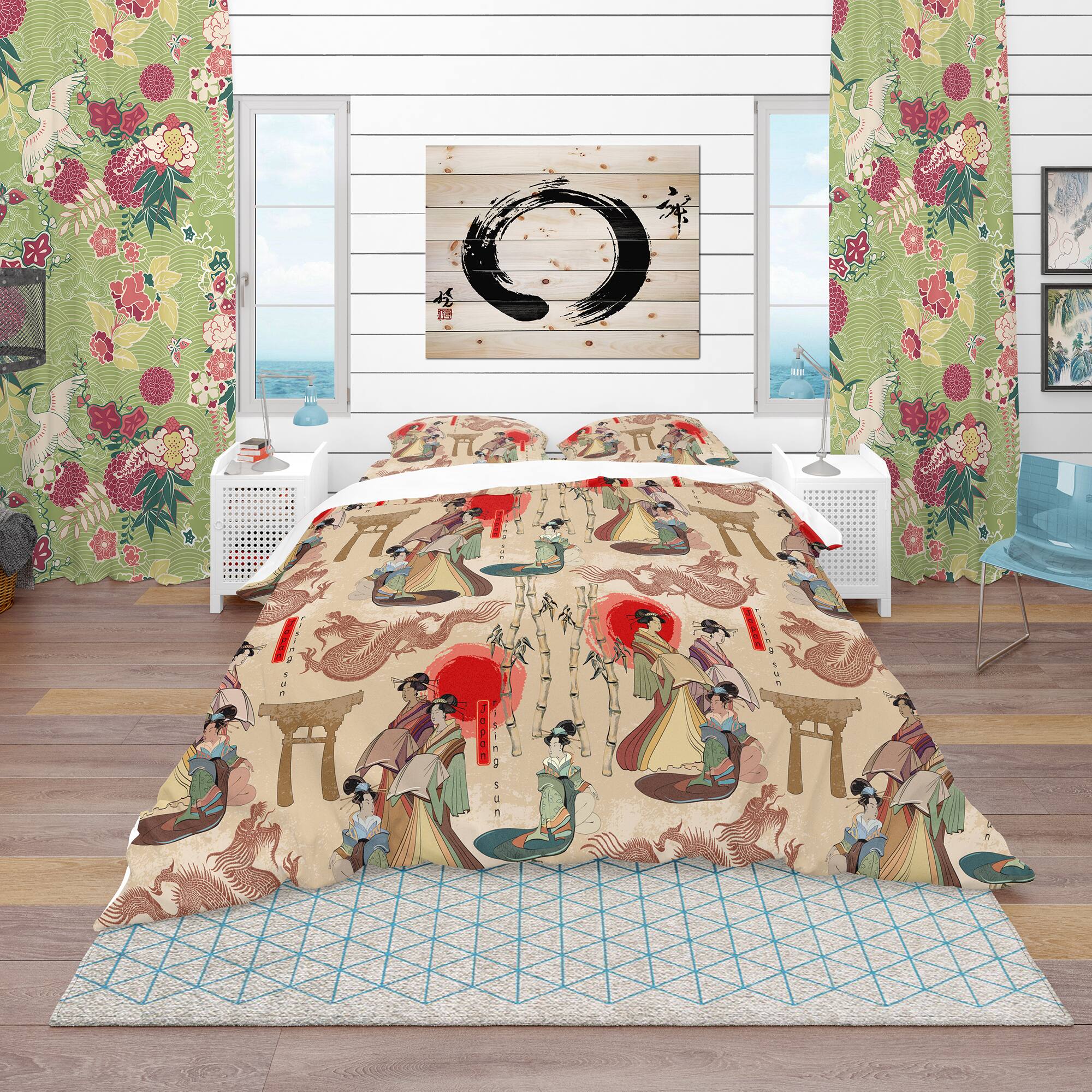 Designart &#x27;Japanese Geishas &#x26; Dragons&#x27; Oriental Bedding Set - Duvet Cover &#x26; Shams