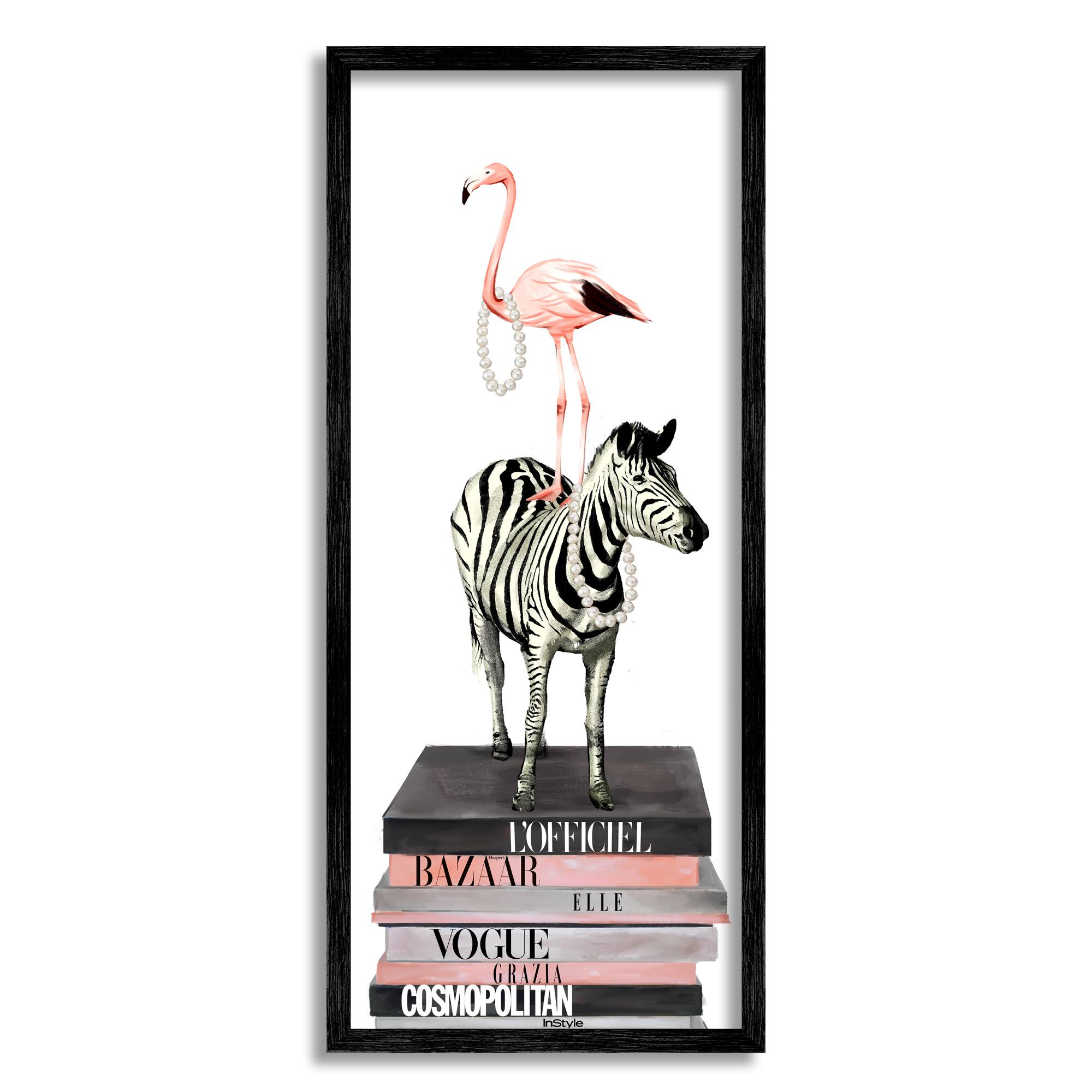 Stupell Industries Fashion Flamingo Zebra Glam Book Stack Pearls Framed Wall Art