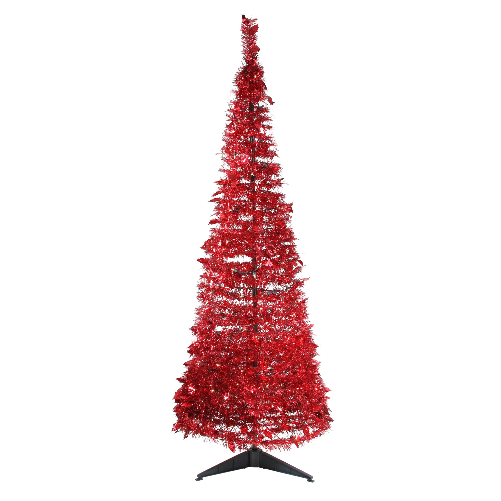 Pre-Lit Red Tinsel Pop-Up Christmas Tree, Clear Lights |