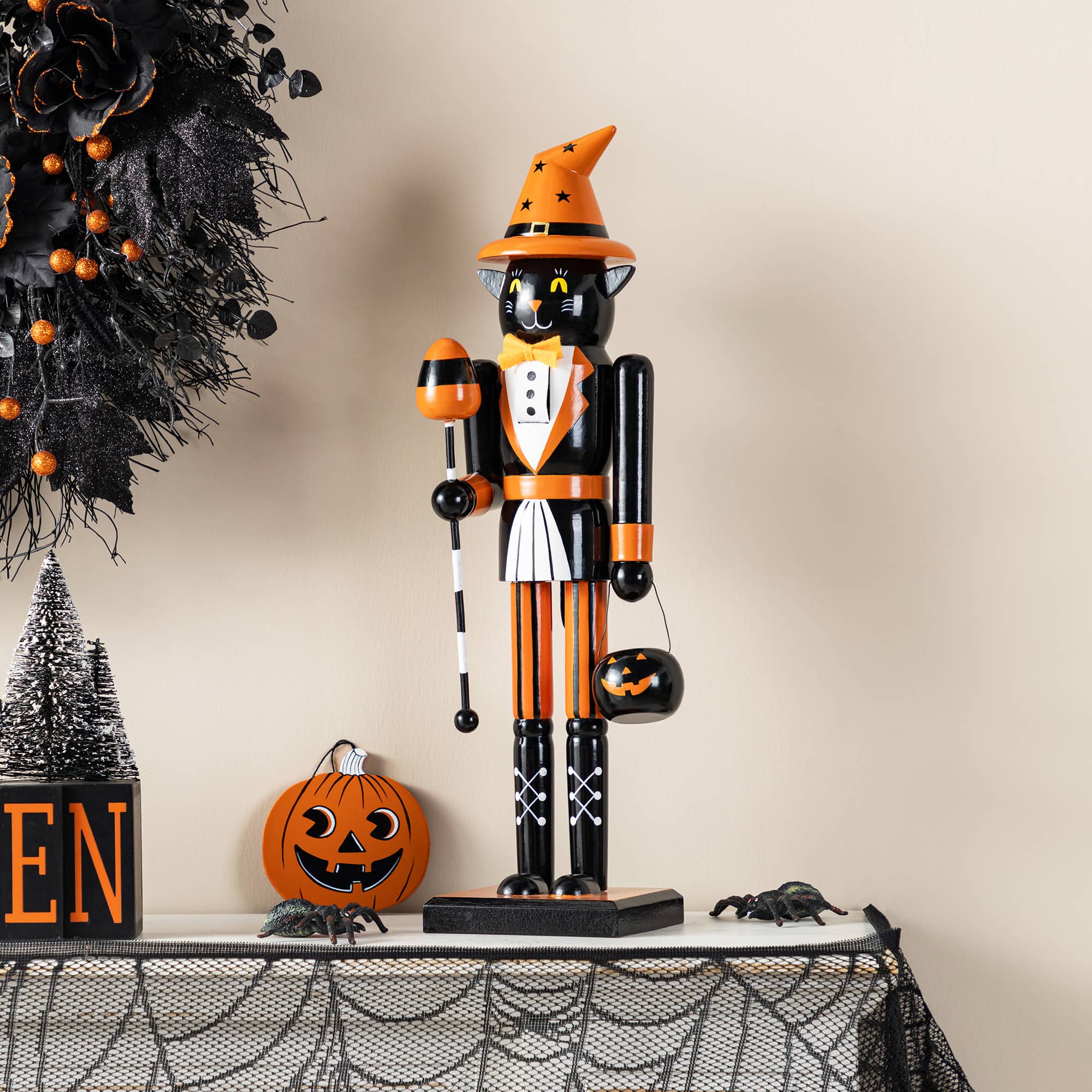Glitzhome® 18.5"H Halloween Wooden Black Cat Nutcracker with Pumpkin Ornament