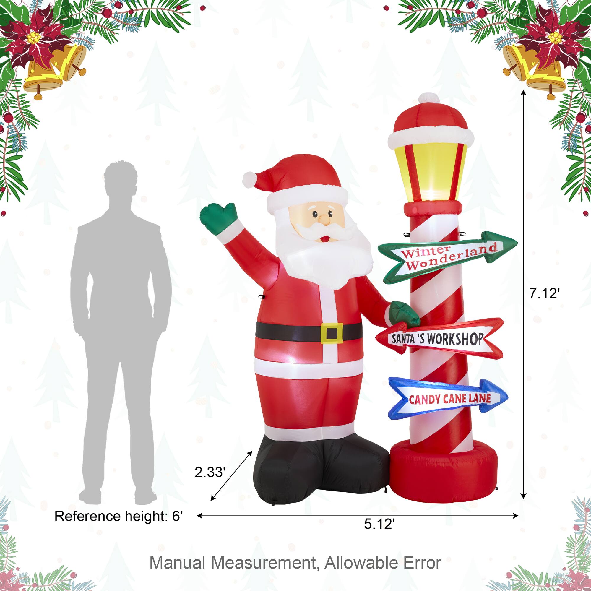 Glitzhome&#xAE; 7FT Lighted Inflatable Santa with Lamp Post Sign Decor