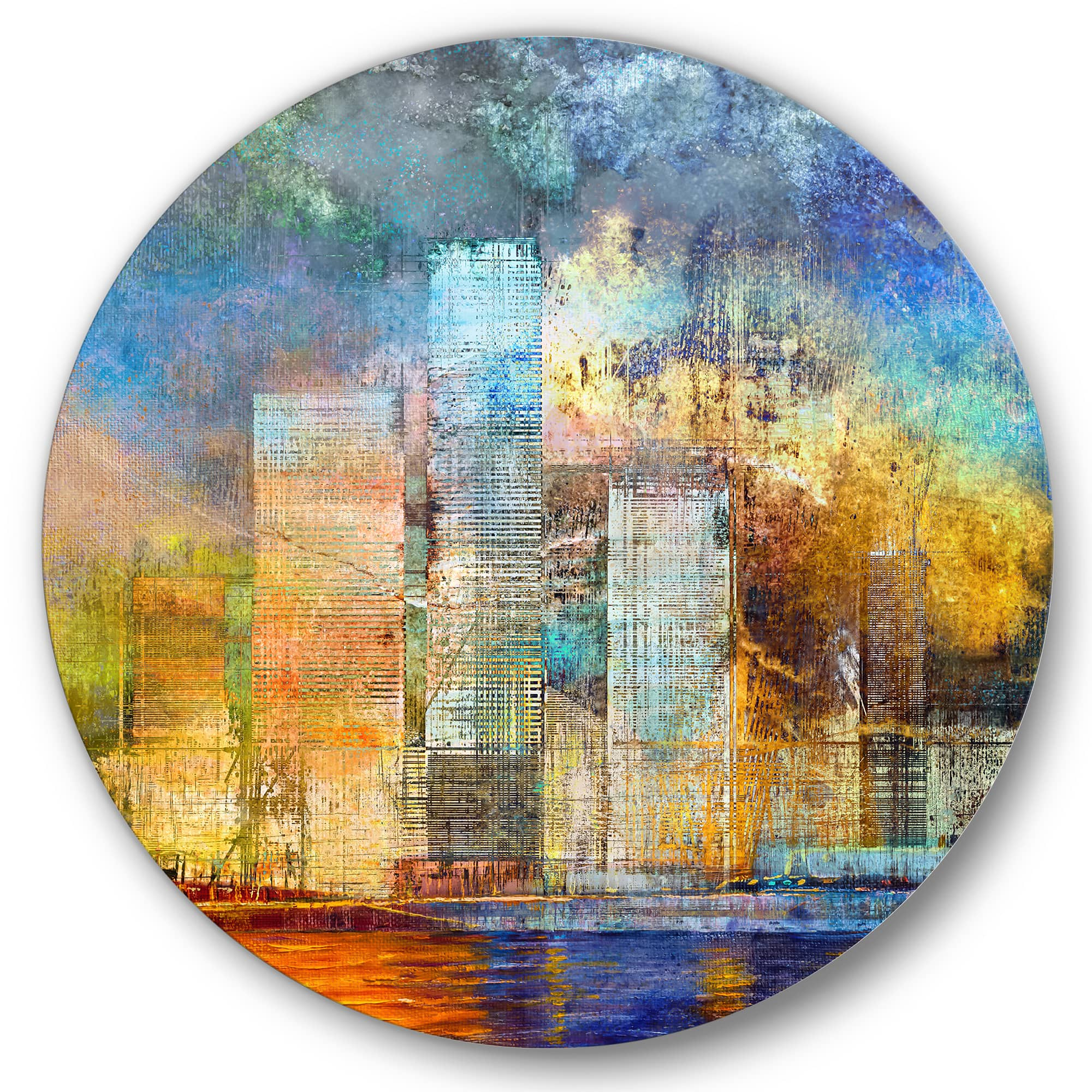 Designart - Skypscrapers By The Bridge In Futuristic City - Modern Metal Circle Wall Art