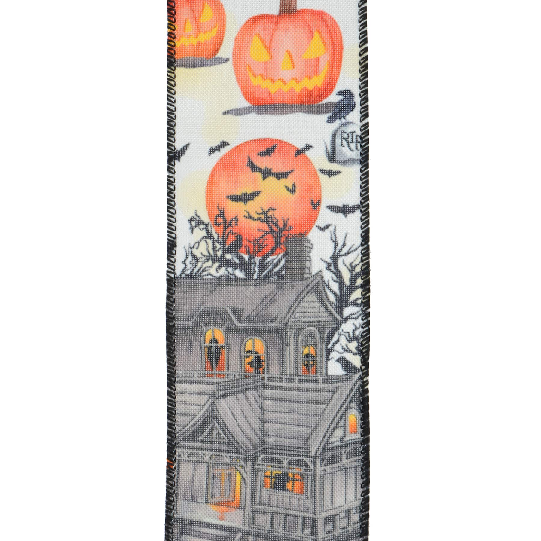 2.5&#x22; x 20ft. Haunted House with Pumpkins &#x26; Bats Wired Ribbon by Celebrate It&#xAE; Halloween