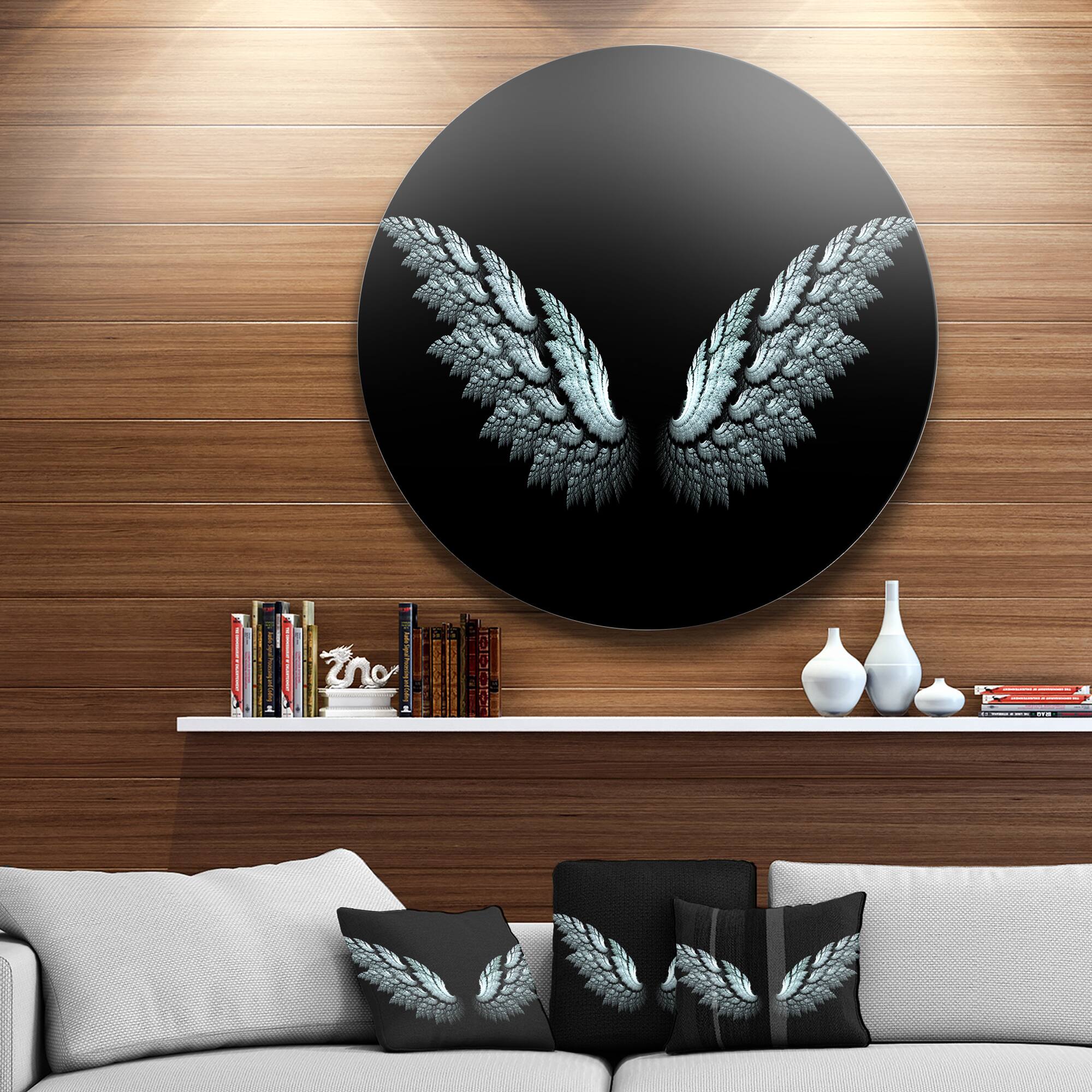 Designart - Angel Wings on Black Background&#x27; Abstract Metal Circle Wall Art