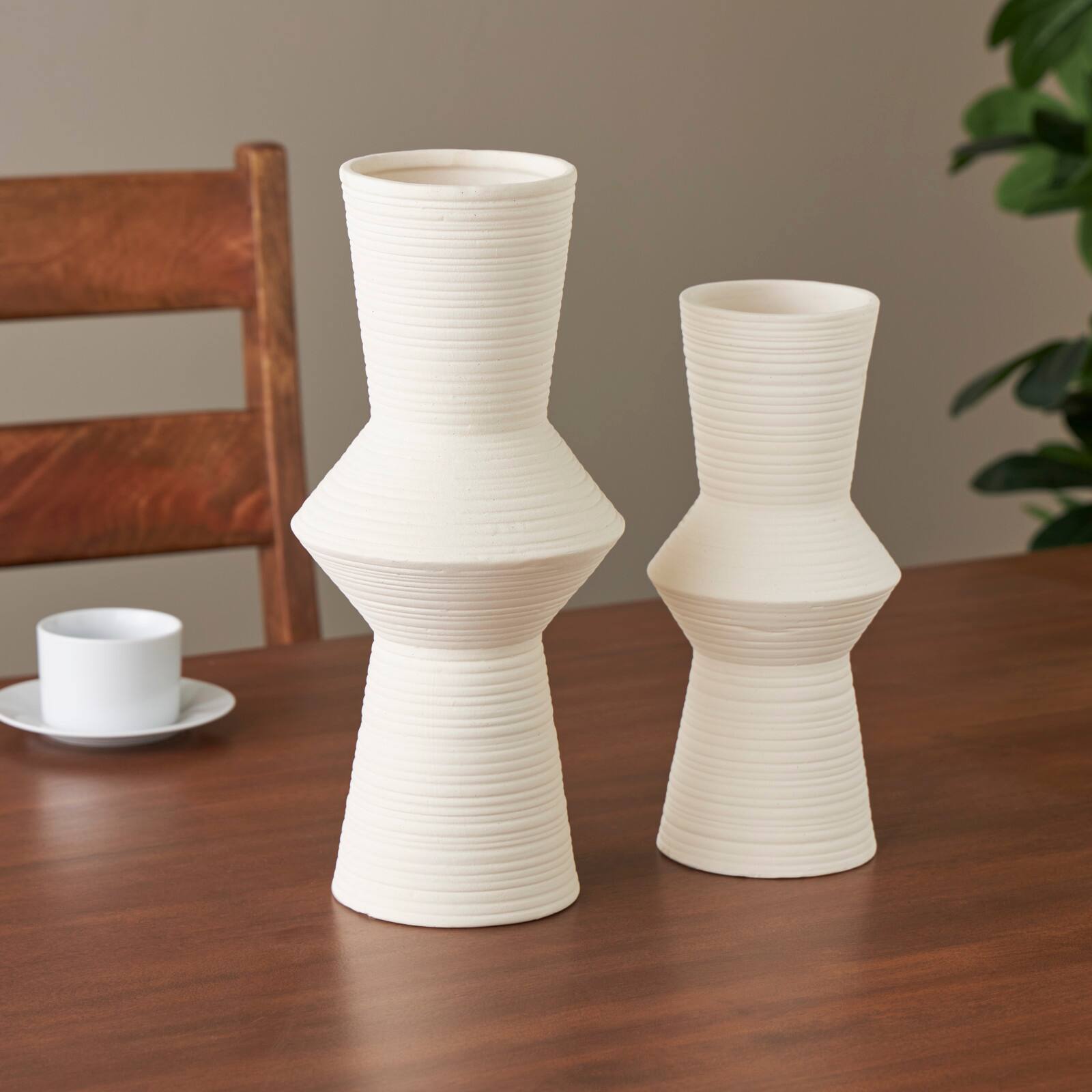 Ceramic Ribbed Cone Shaped Vase Set