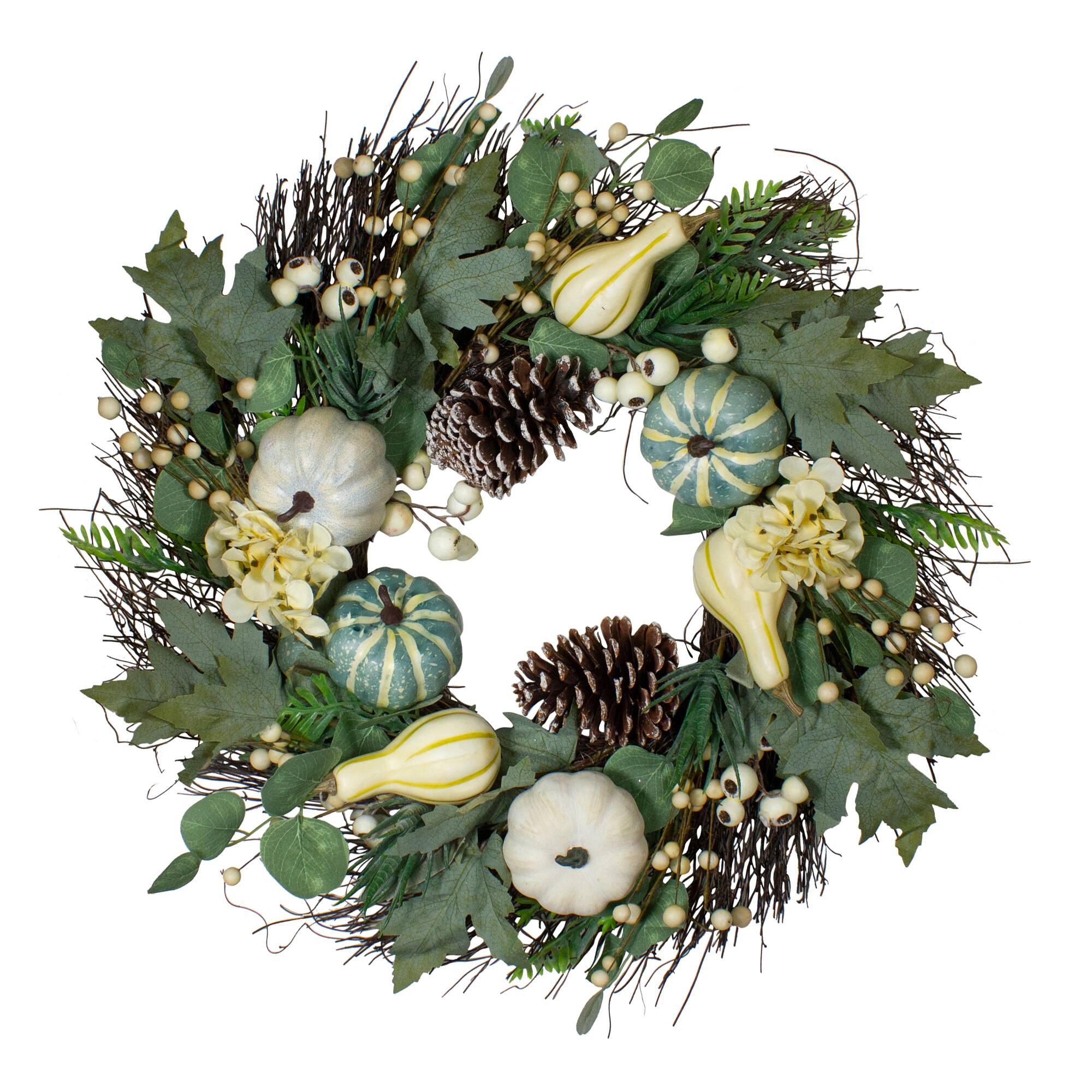 22" Green & White Pumpkins & Berries Fall Harvest Wreath