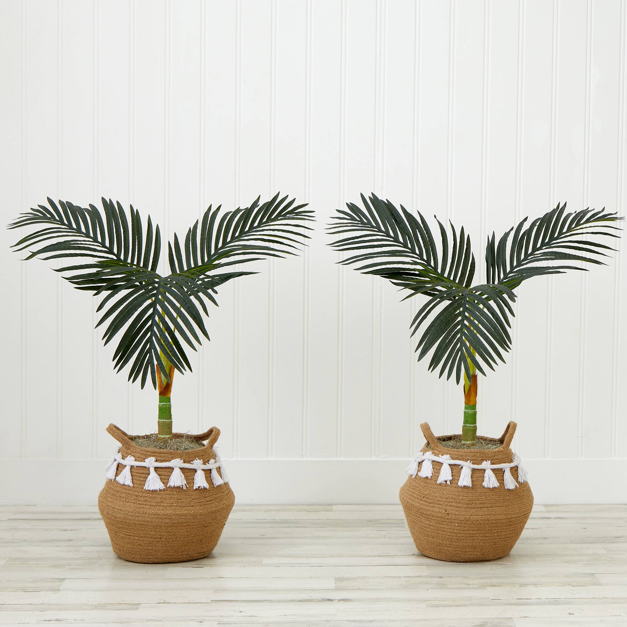 3ft. Artificial Golden Cane Palm Tree with Handmade Jute & Cotton Basket with Tassels