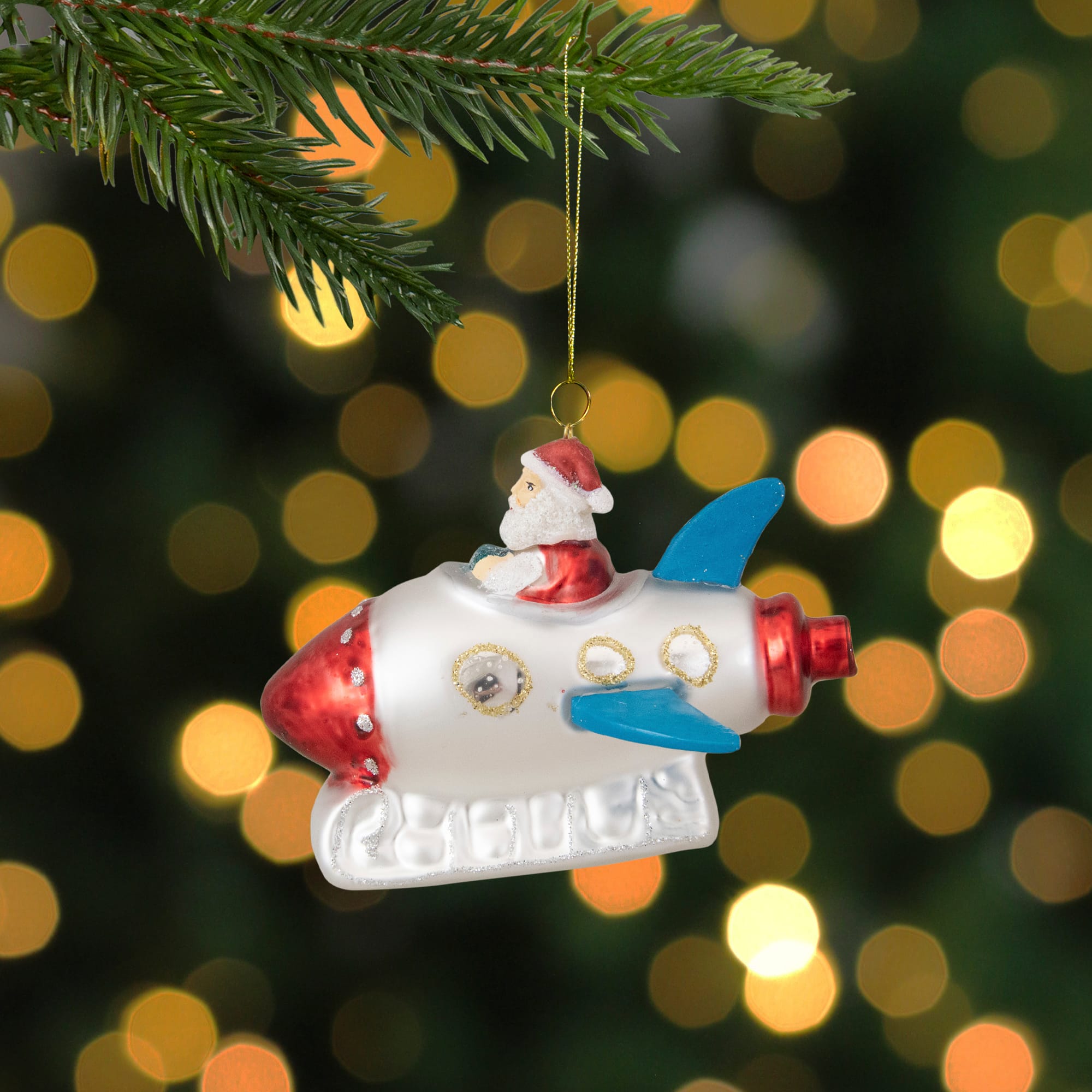 4.5" Santa In A Silver Rocket Ship Glass Christmas Ornament