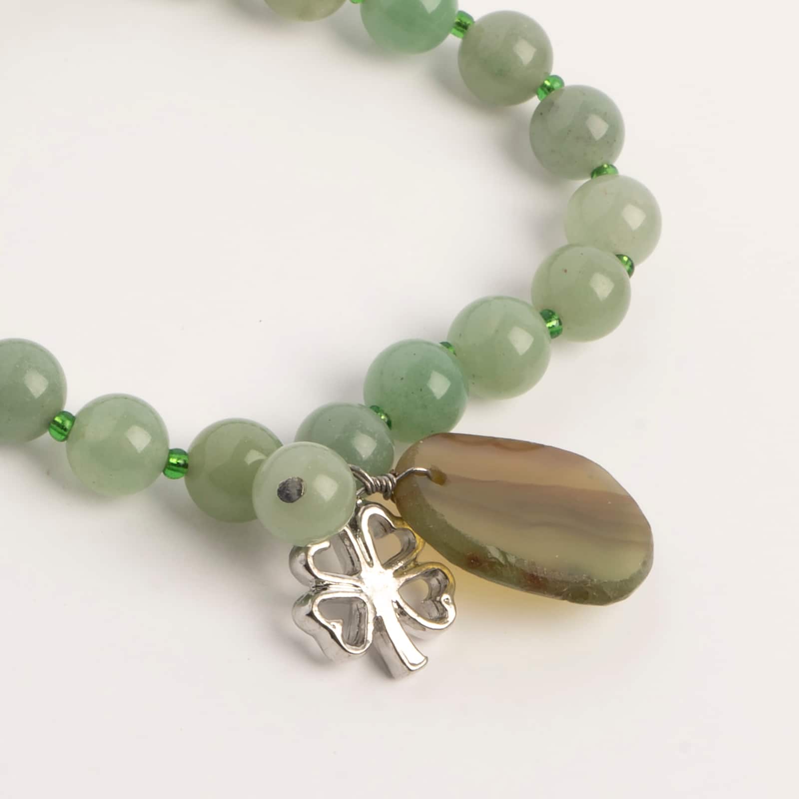 John Bead Aventurine Green Natural Stone Bracelet with Agate & Clover Charms