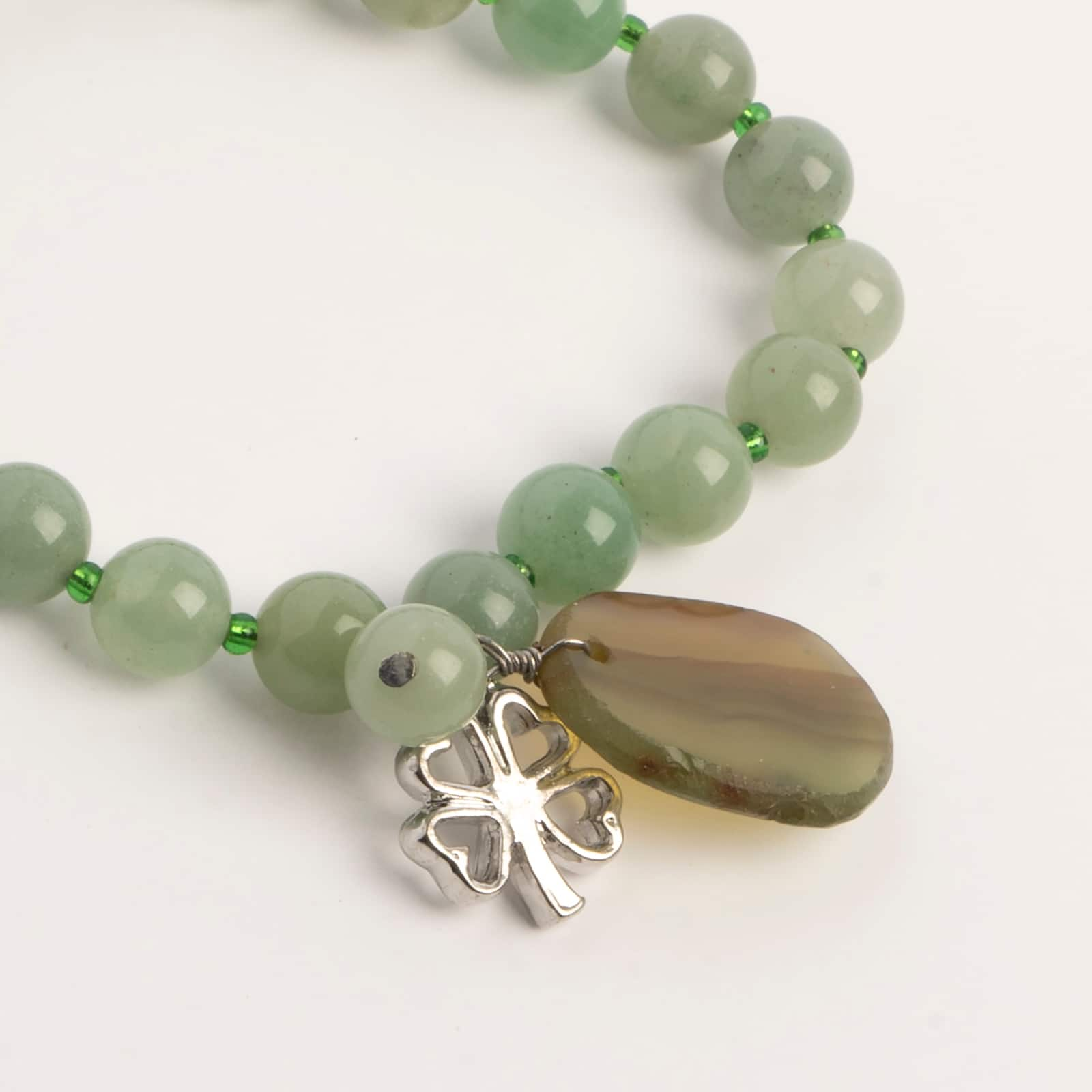 John Bead Aventurine Green Natural Stone Bracelet with Agate &#x26; Clover Charms