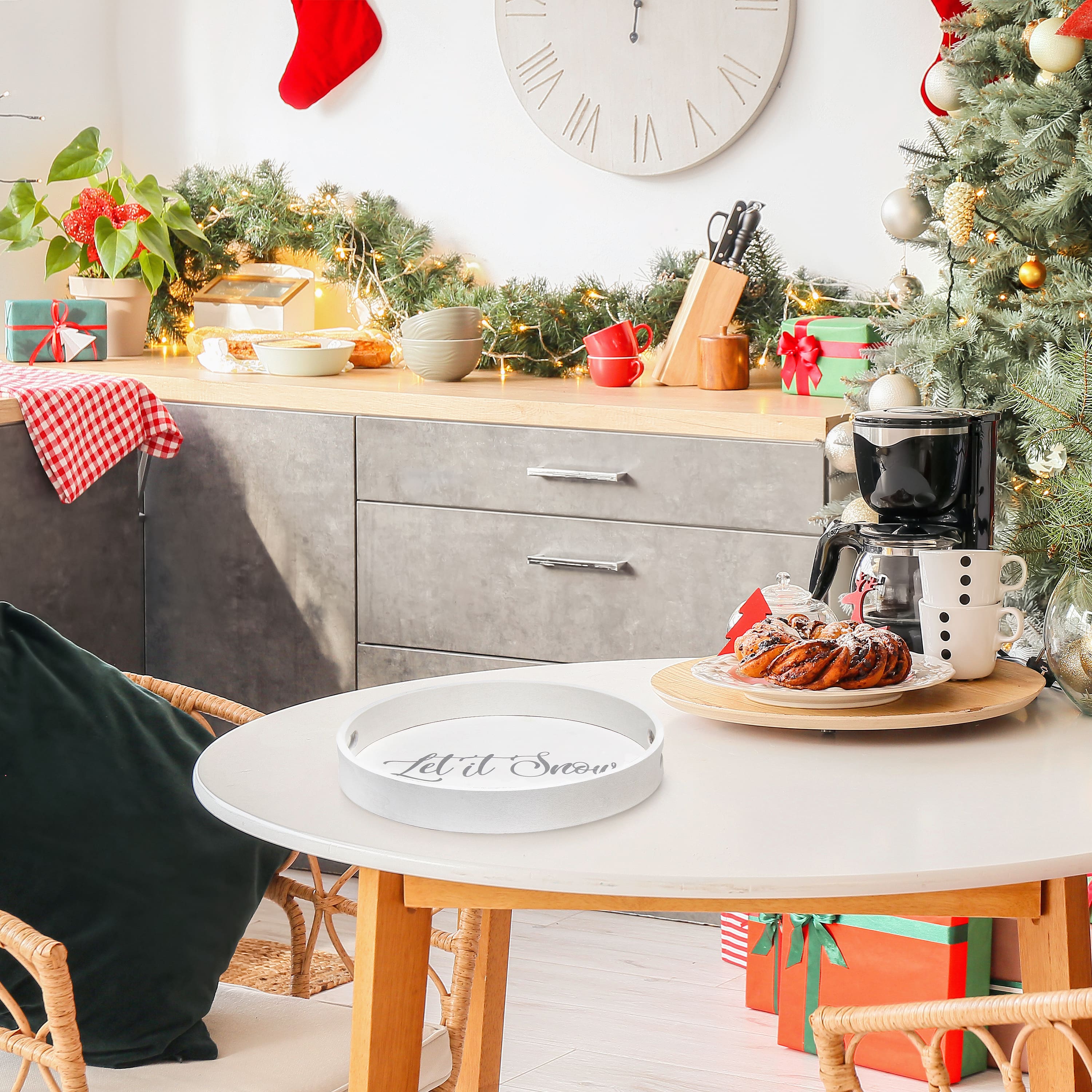 Elegant Designs™ 13.8" Round White Wash Let It Snow Serving Tray with Handles