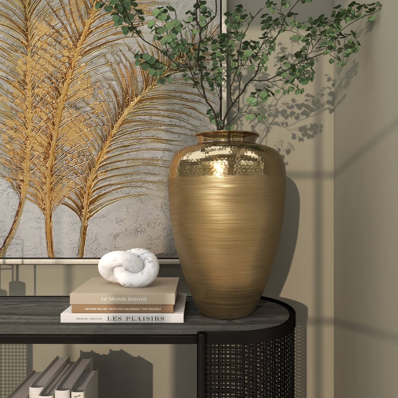 18&#x22; Gold Aluminum Brushed Vase with Hammered Top