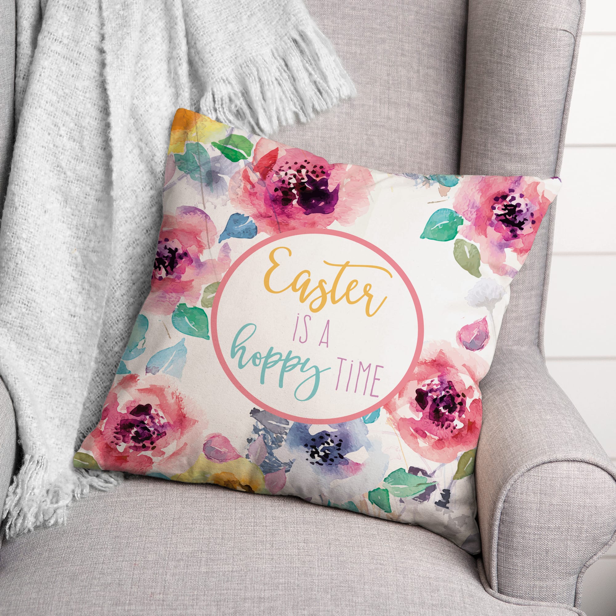 Easter Is a Hoppy Time Floral Throw Pillow