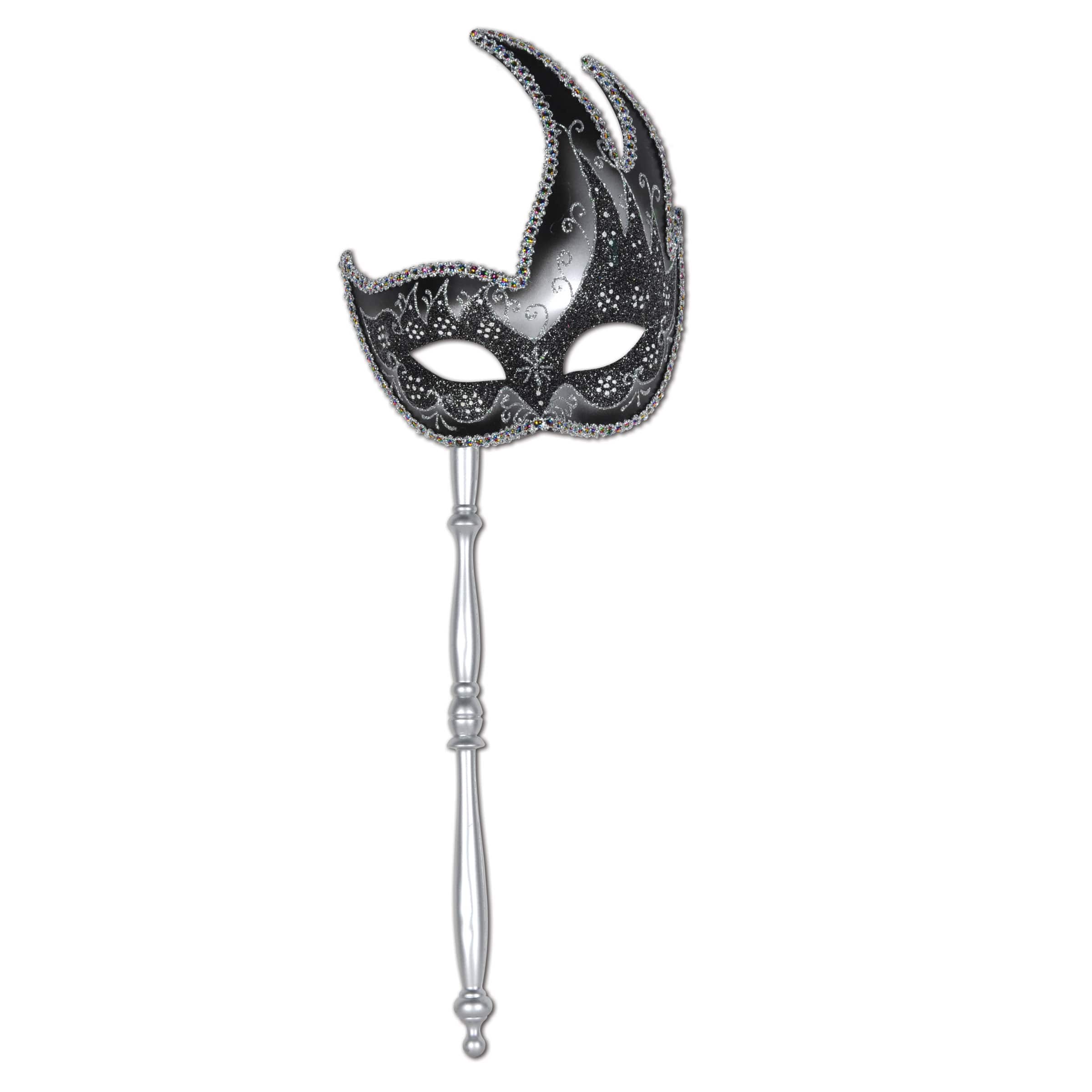 Beistle Black & Silver Glittered Mask with Stick