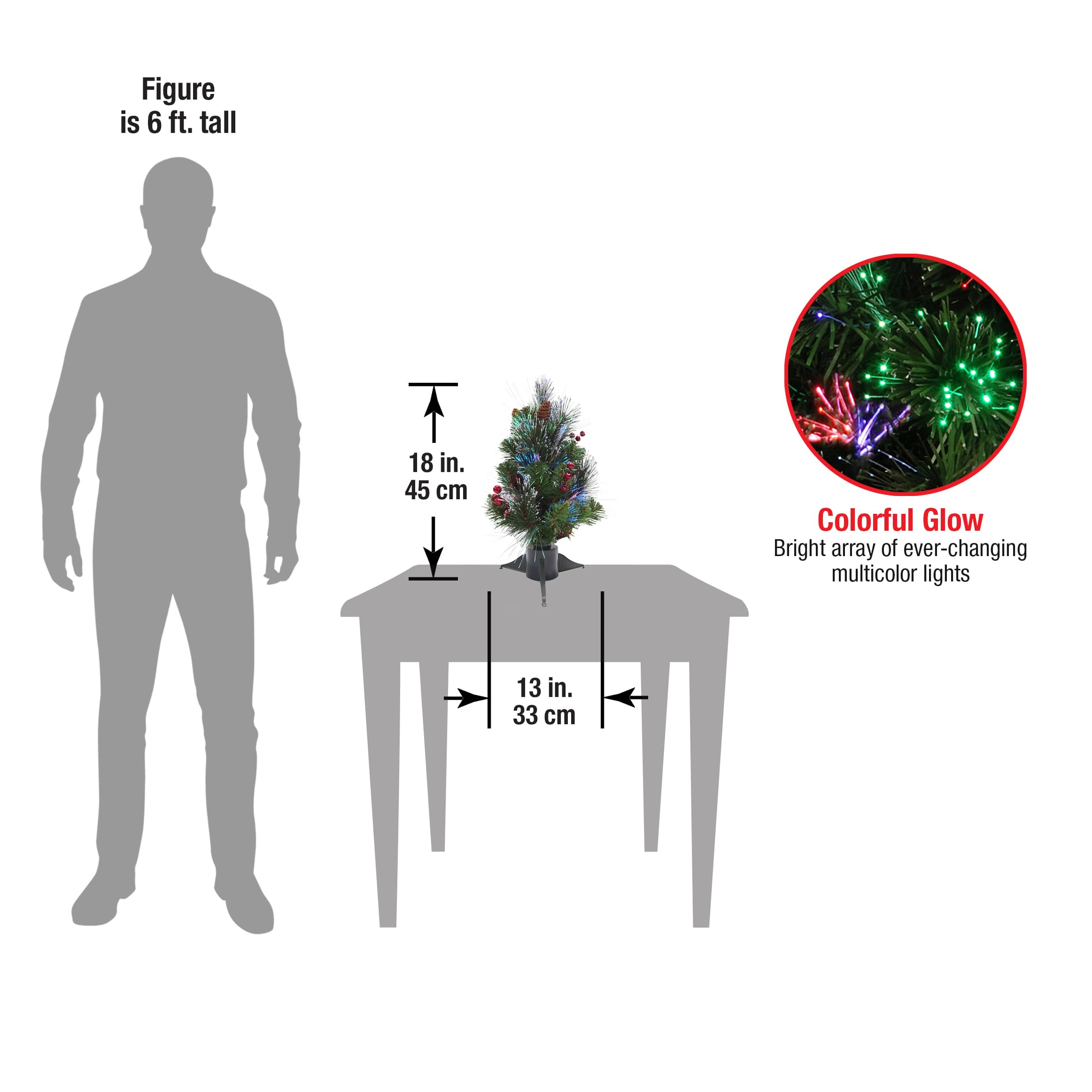 18&#x22; Fiber Optic Color Changing Ice Crestwood Artificial Christmas Tree with Silver Bristle, Pineones, Red Berries &#x26; Glitter