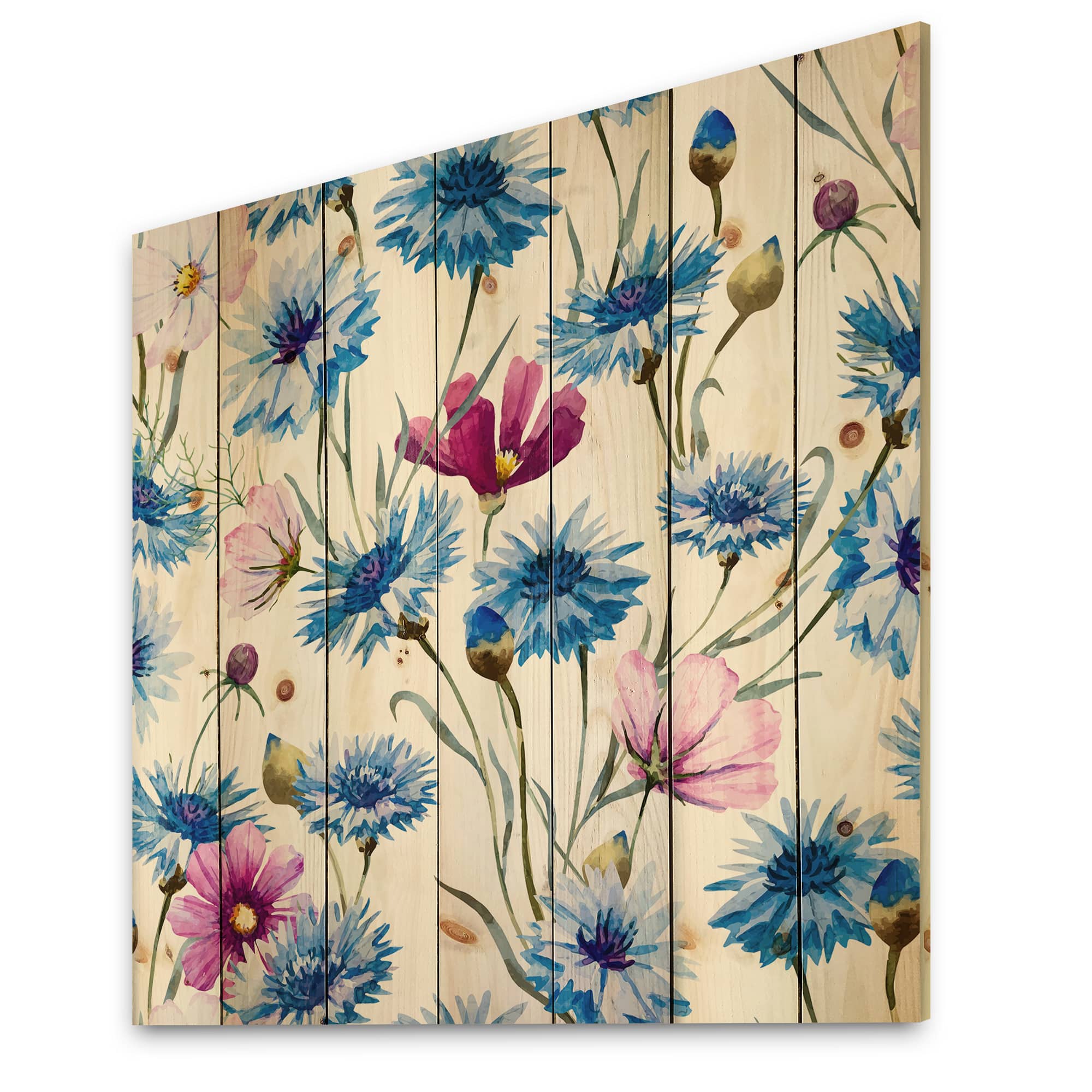 Designart - Blue and Pink Wild Cornflowers - Traditional Print on Natural Pine Wood