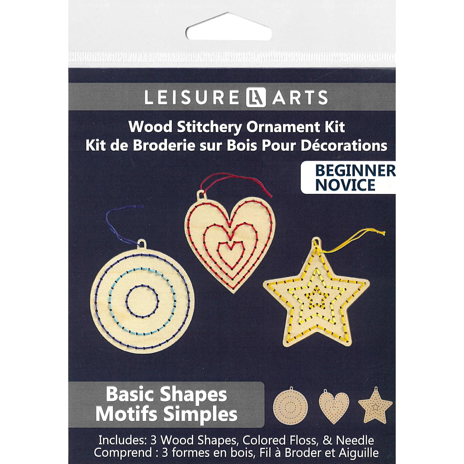 Leisure Arts&#xAE; Beginner Basic Shapes 3 Piece Wood Stitchery Ornament Kit