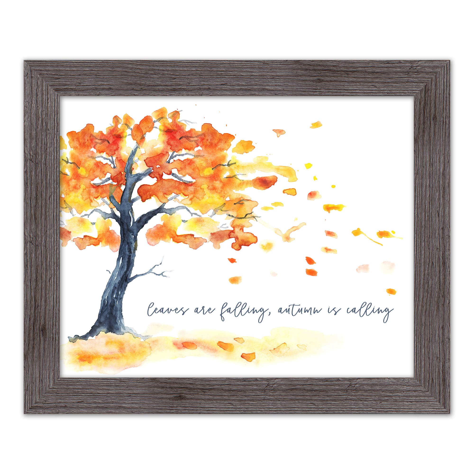 Watercolor Leaves Are Falling Fall Print in Western Gray Frame