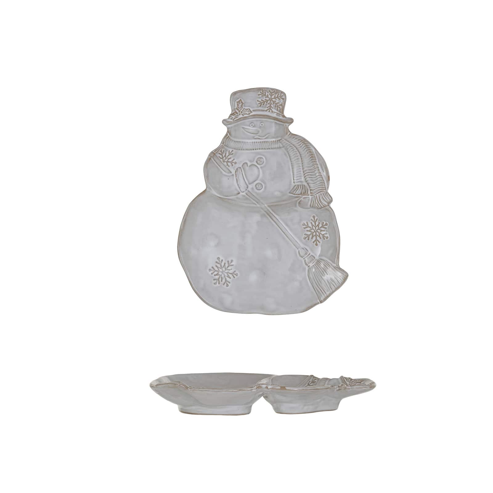 Hello Honey® 7.75" Antique White Reactive Glaze Snowman with Broom Stoneware Server Plate
