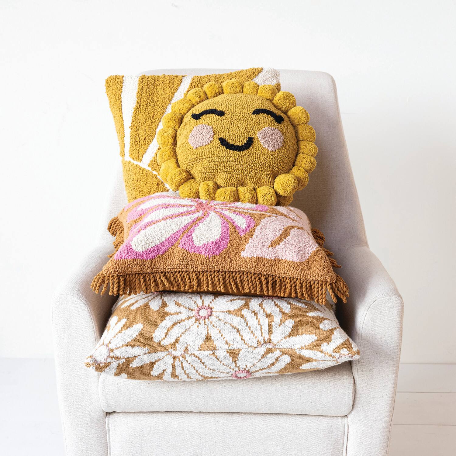 Hello Honey® 20" Natural, Pink & Mustard Flowers Cotton Knit Pillow
