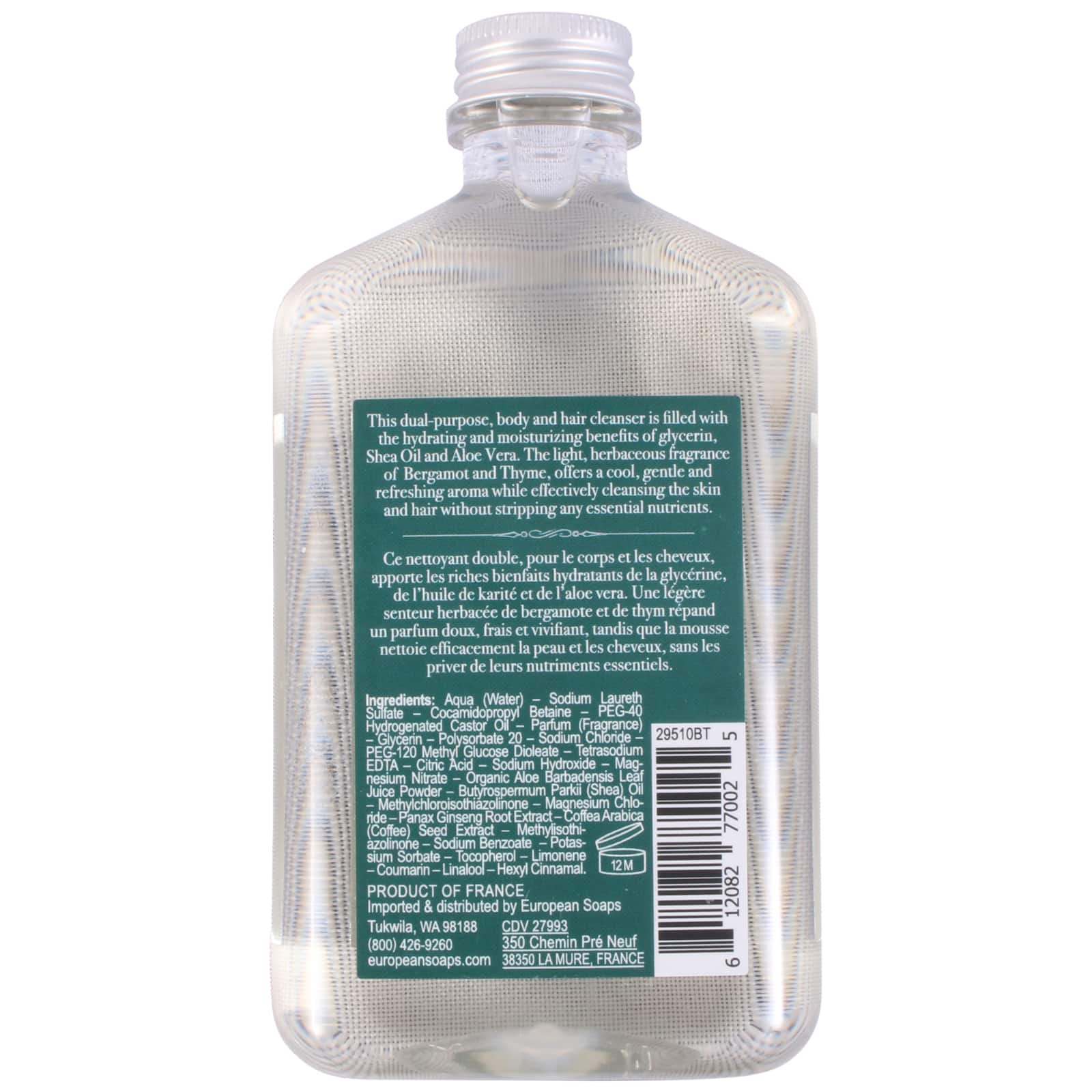 European Soaps Bergamot & Thyme Hair & Body Wash, 250mL