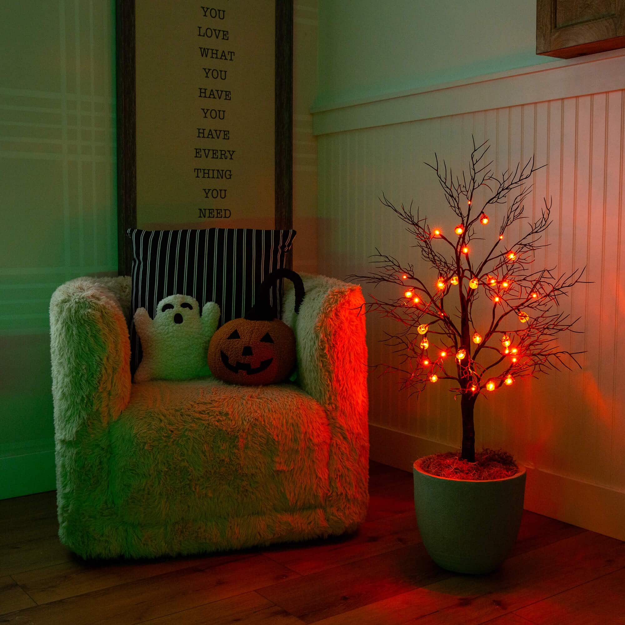 3ft. Pre-Lit Artificial Halloween Black Twig Tree with 18 Orange LED Pumpkin Shaped Lights