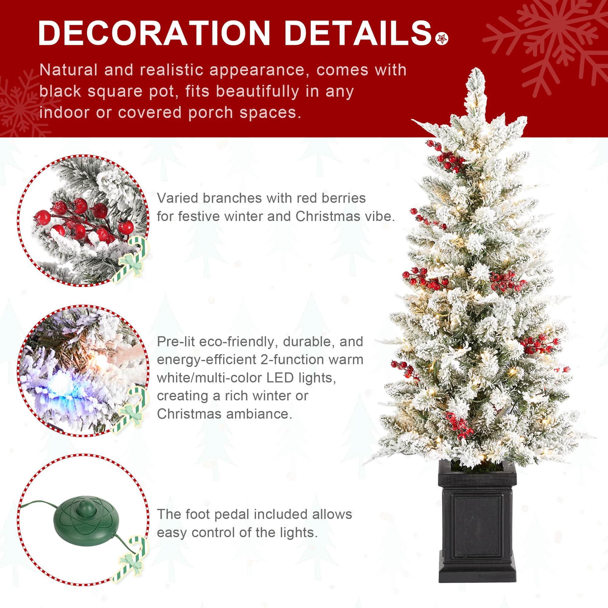 Glitzhome&#xAE; 4ft Pre-Lit Flocked Artificial Christmas Porch Tree, Multi-color LED Lights